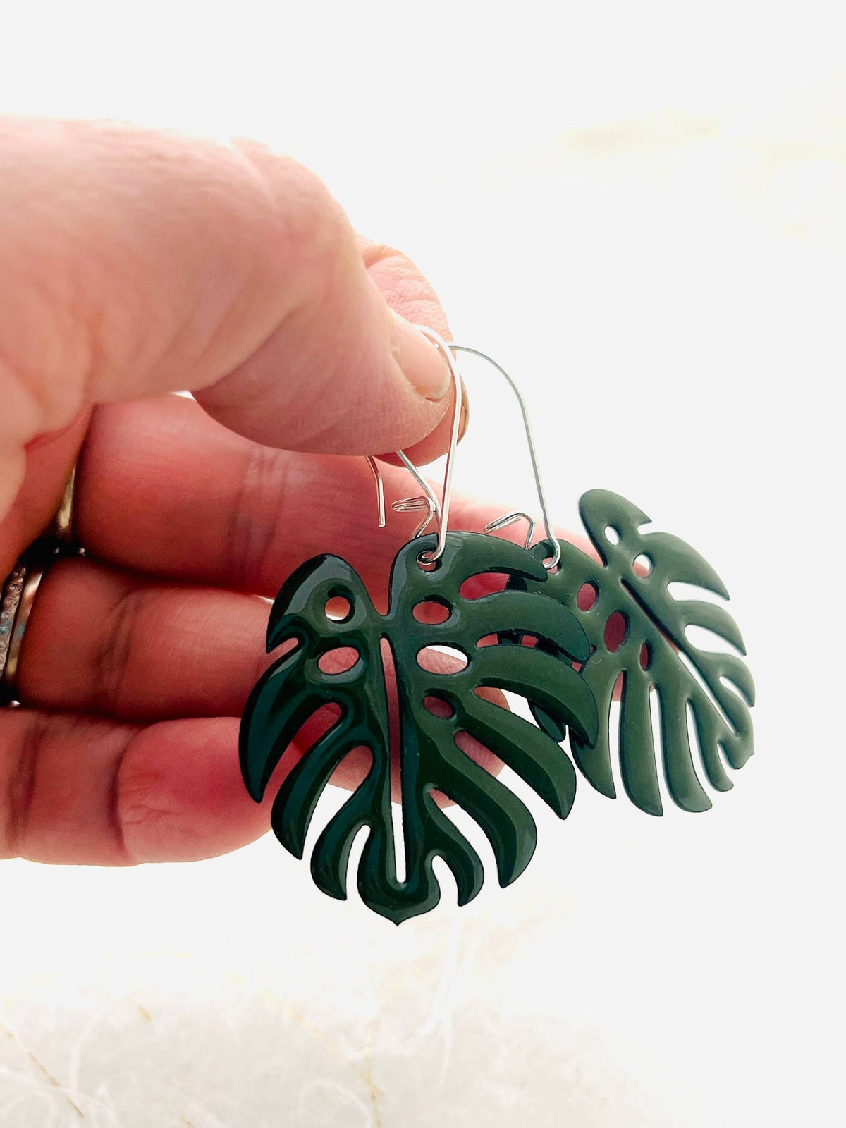 Handmade Monstera Leaf Enamel Earrings with Silver