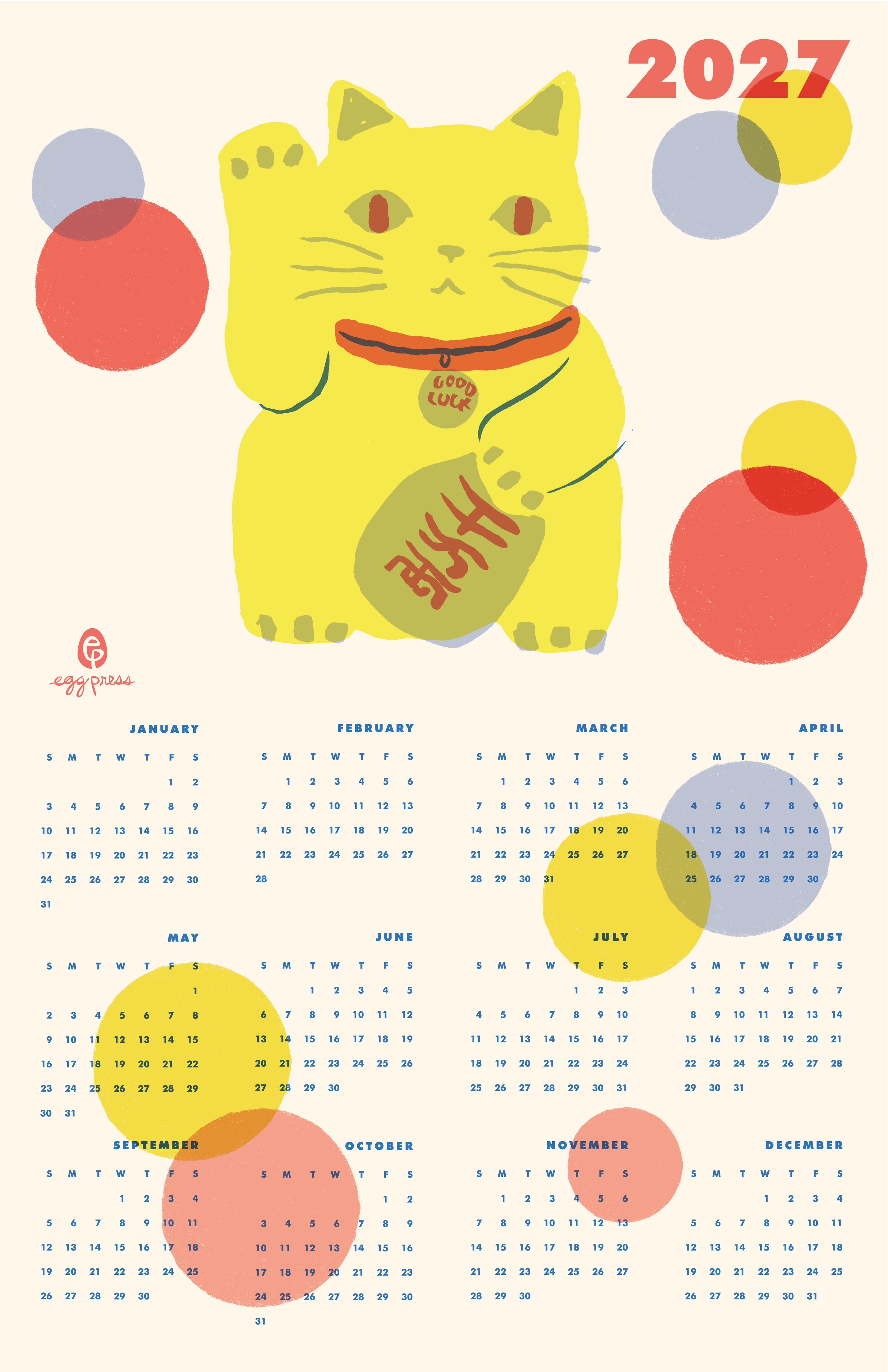 Lucky Cat 2027 Calendar Illustrated Risograph Print