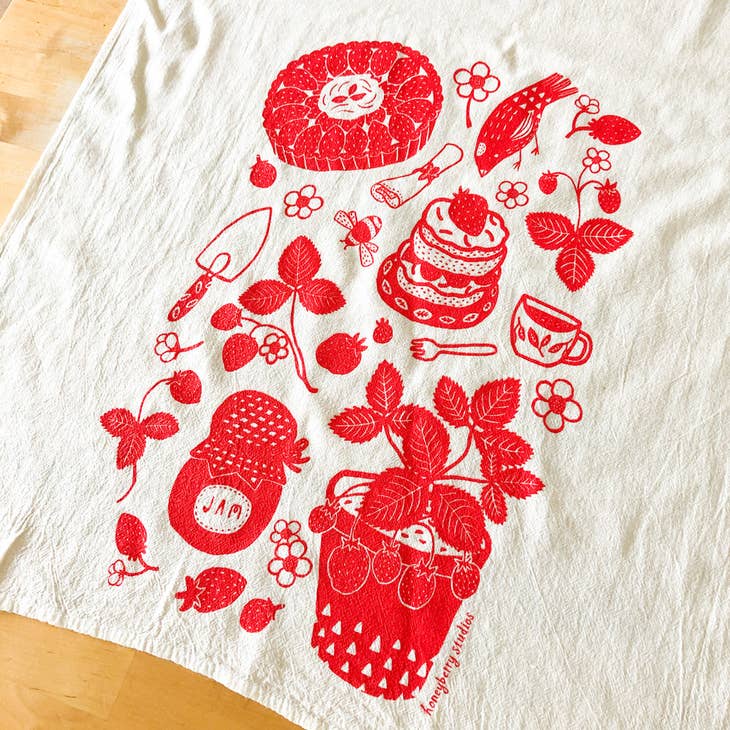 Red Strawberry Flour Sack Tea Towel