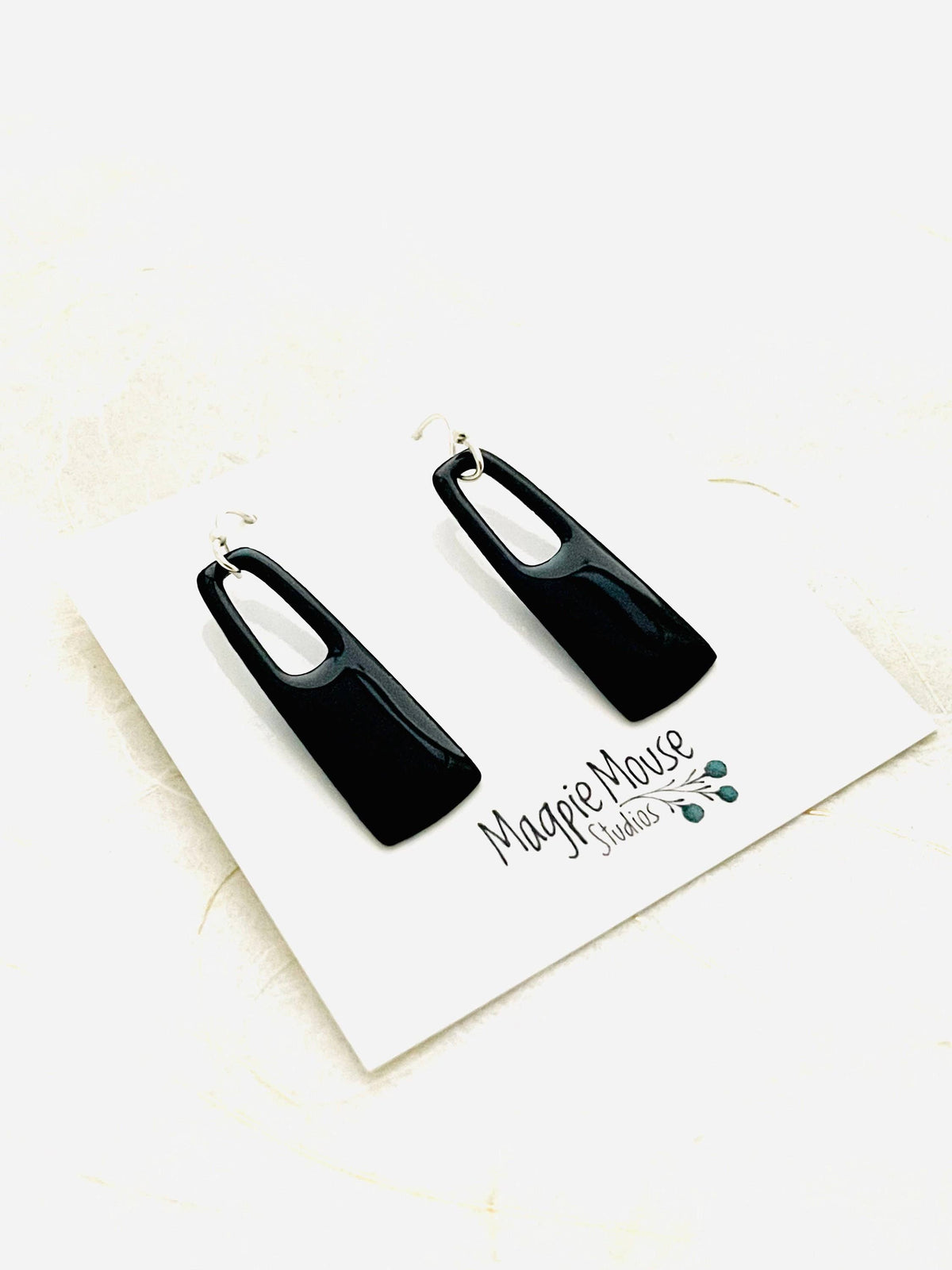 Handmade Black Enamel Rectangle Dangle Earrings