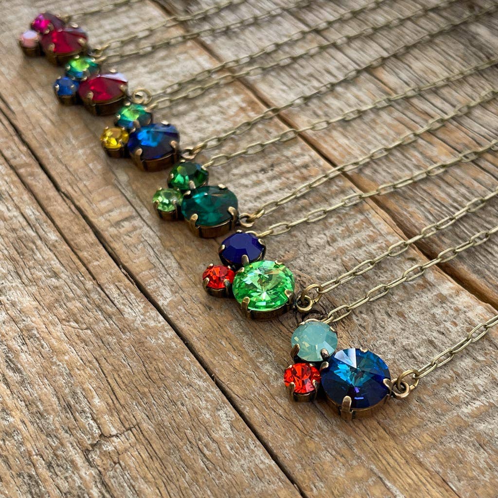 Vintage Rhinestone Cluster Necklace - Emerald/Tormaline/Peridot