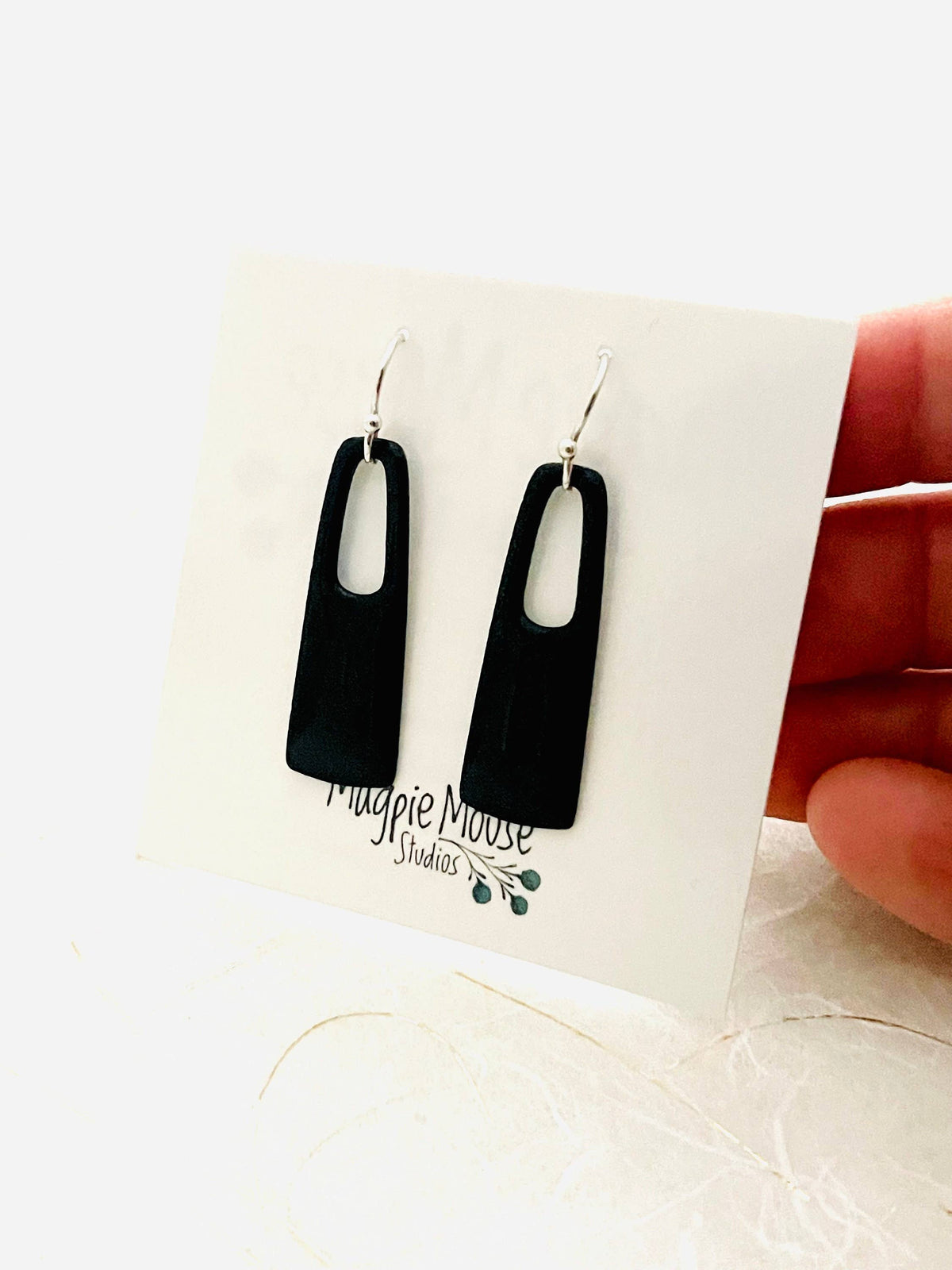 Handmade Black Enamel Rectangle Dangle Earrings