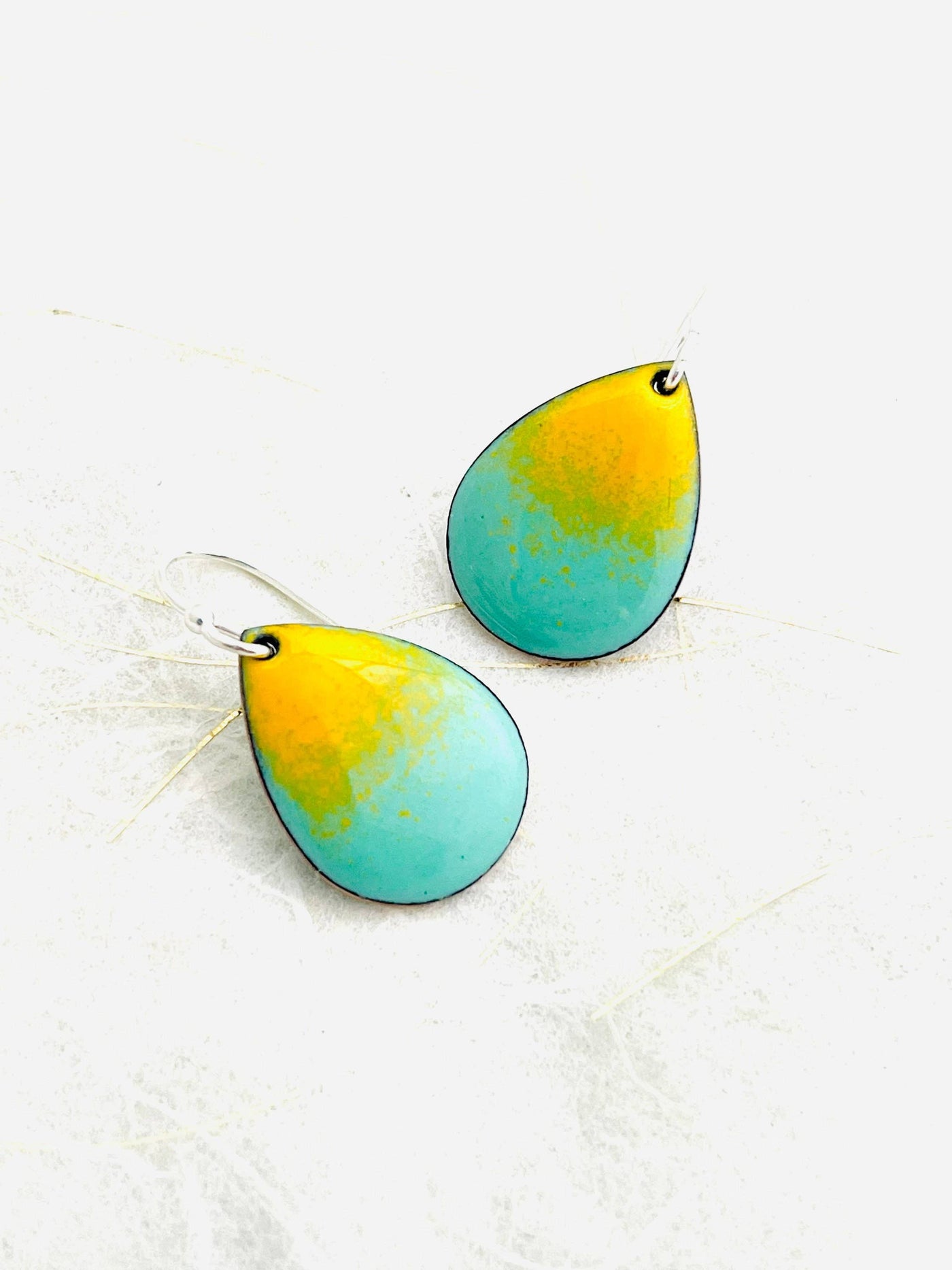 Mint Green & Yellow Small Enamel Teardrop Earrings
