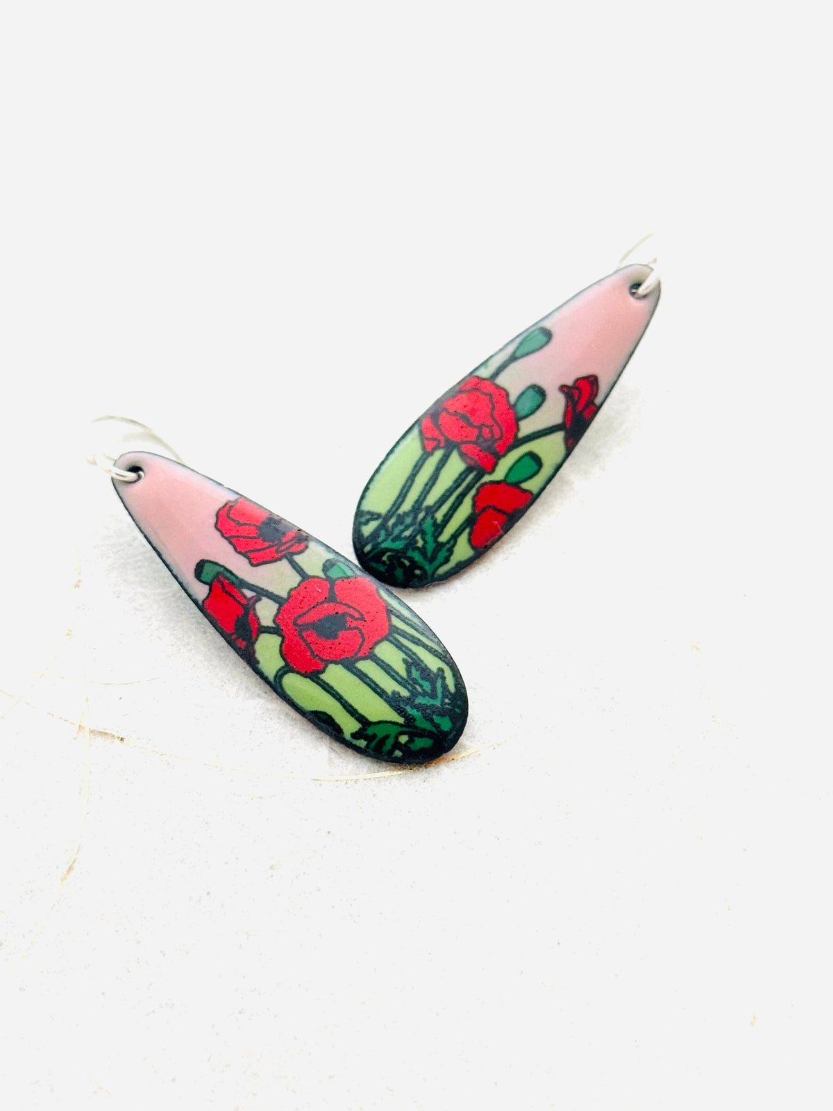 Long Teardrop Poppy Earrings, Pink and Green Enamel