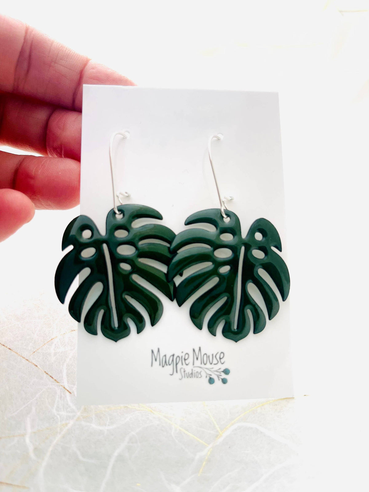 Handmade Monstera Leaf Enamel Earrings with Silver