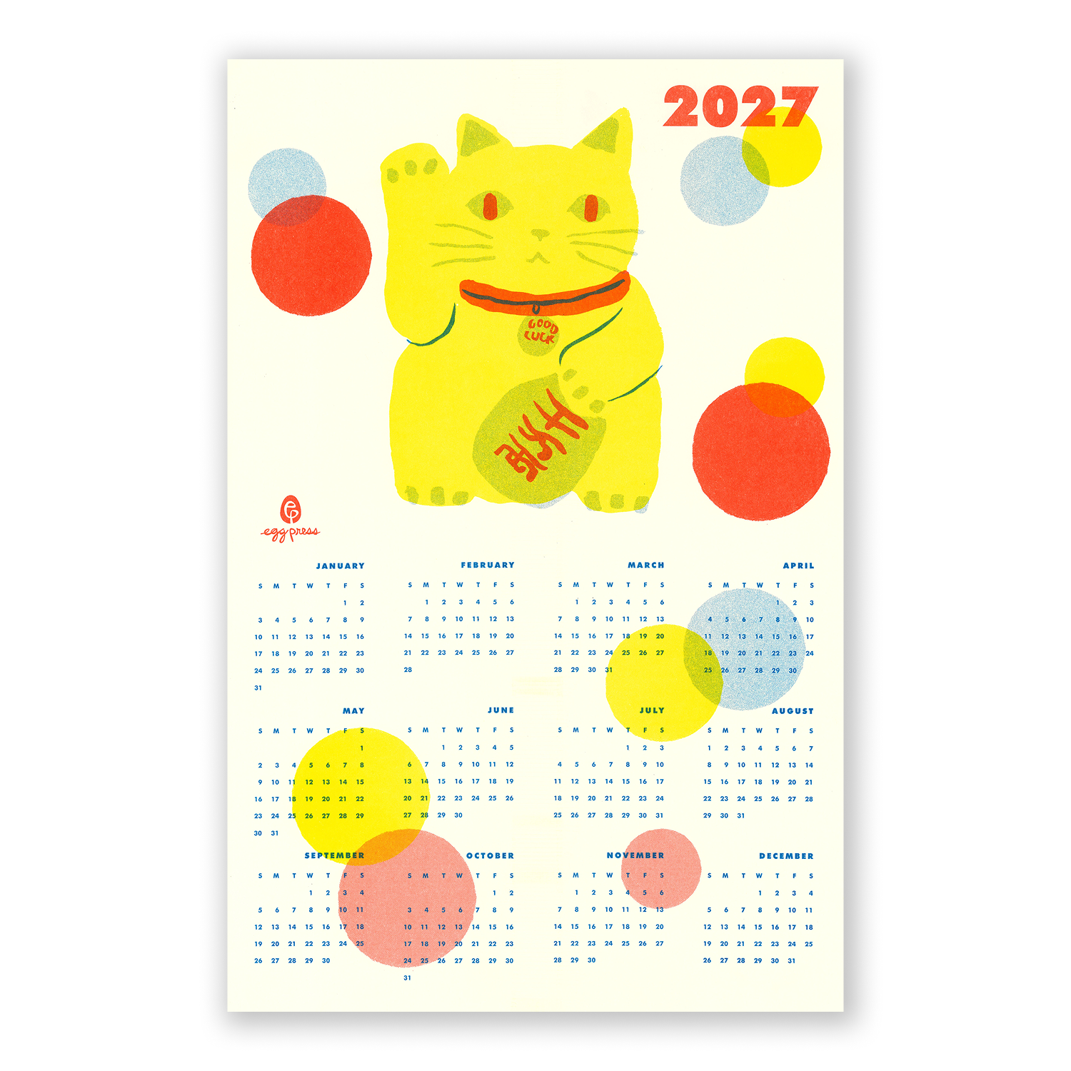Lucky Cat 2027 Calendar Illustrated Risograph Print