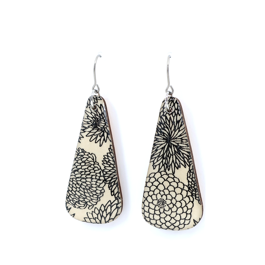 Modern Floral Chiyogami Earrings: Black and Cream