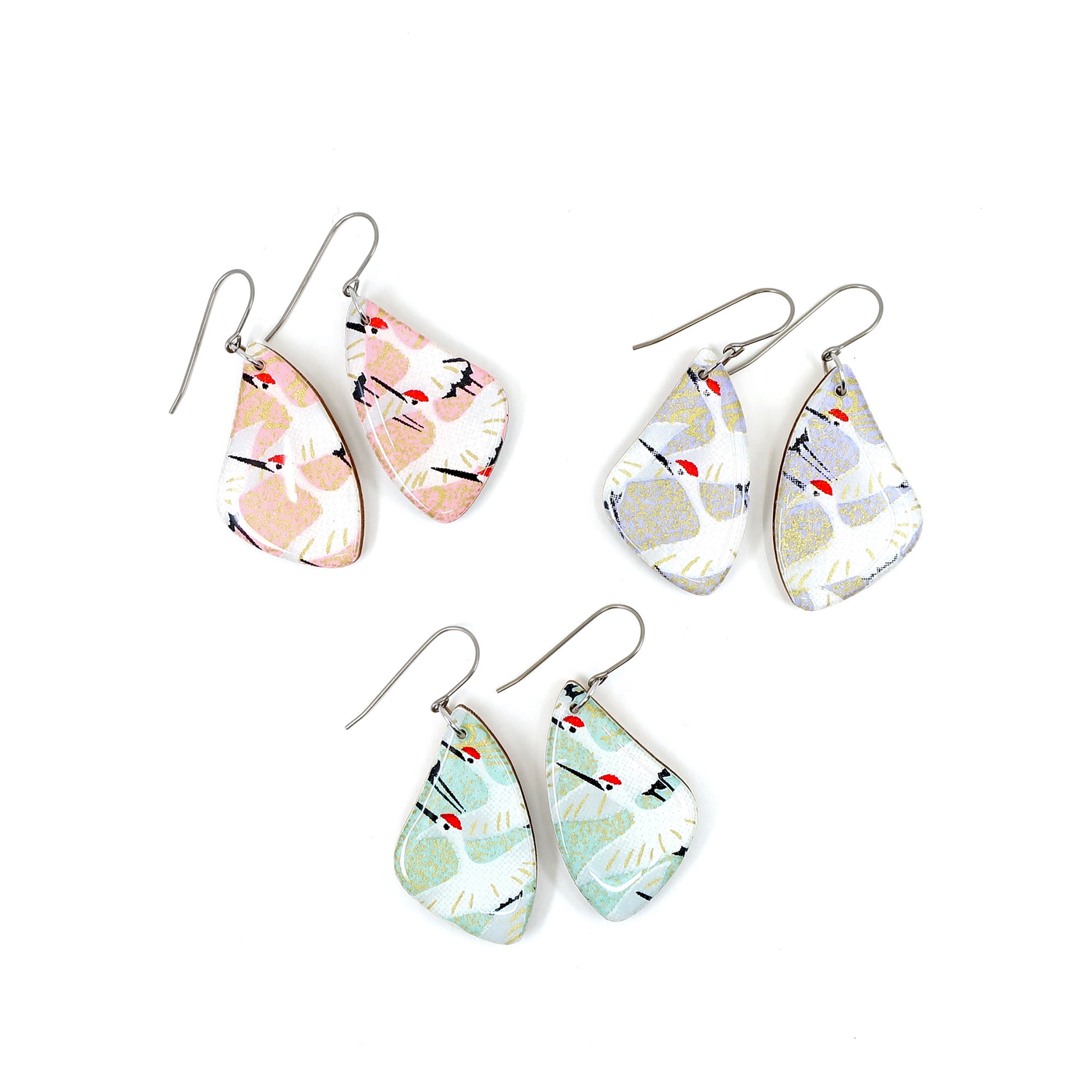 Crane Dangle Earrings - Green