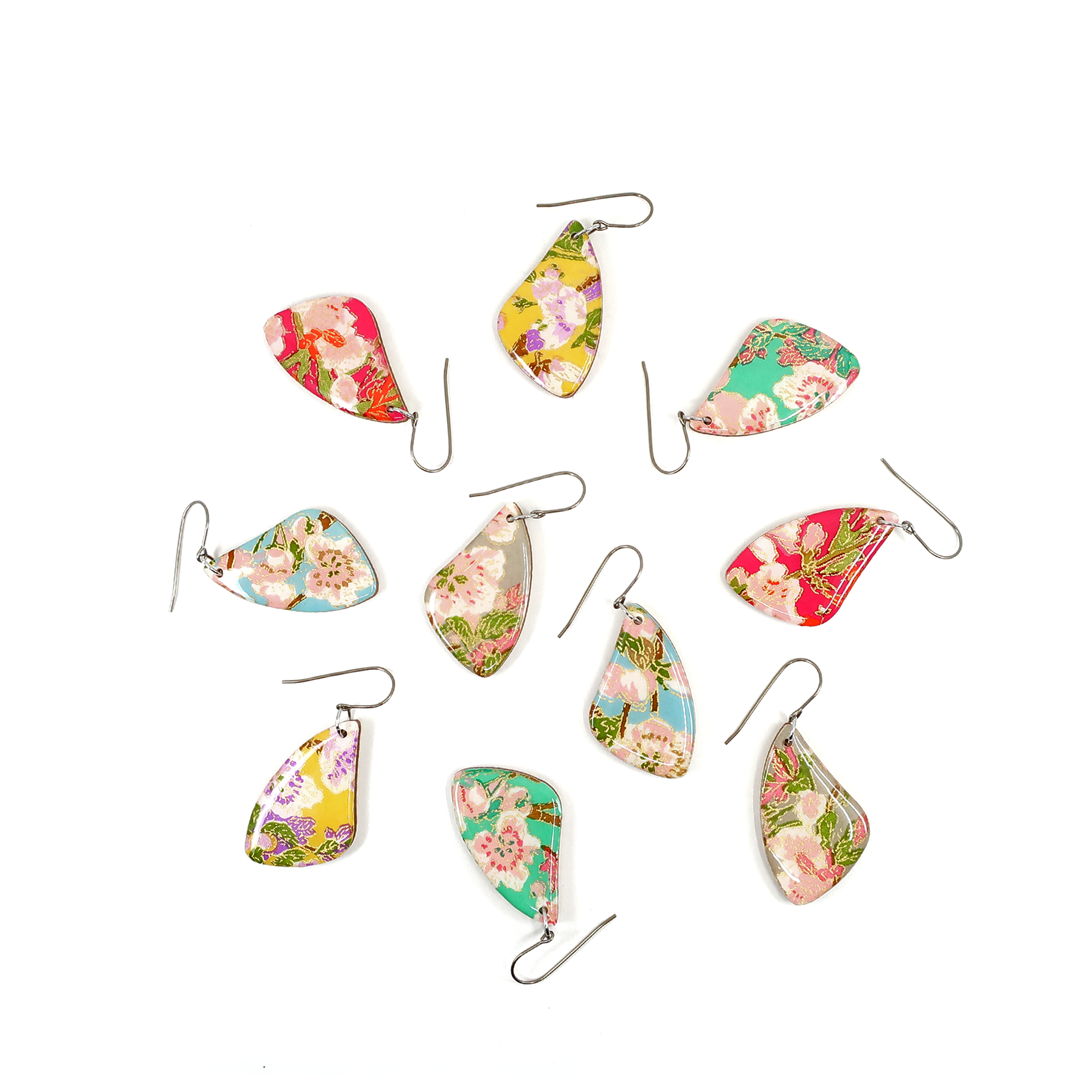 Red Pink Floral Chiyogami Titanium Earrings