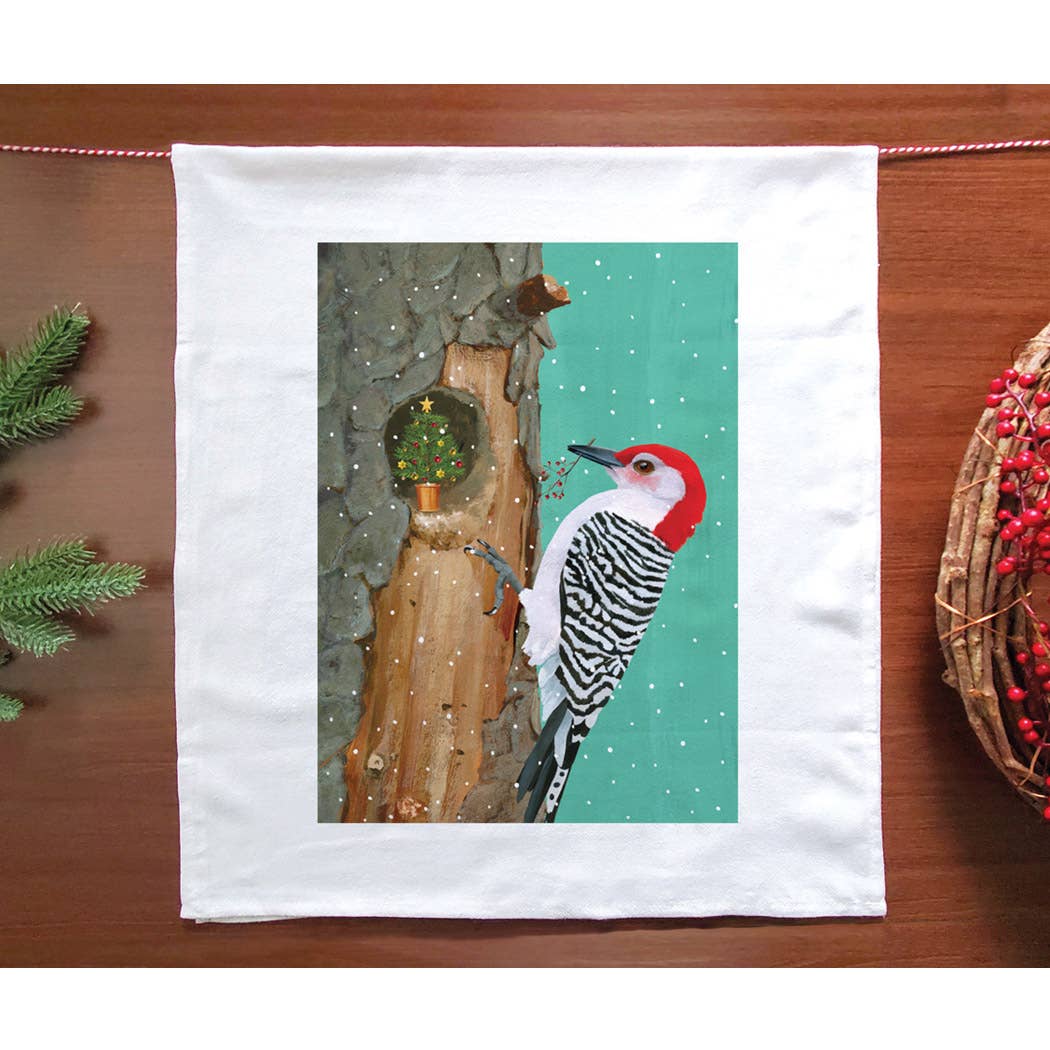 Woodpecker Decks the Halls Holiday Kitchen Towel