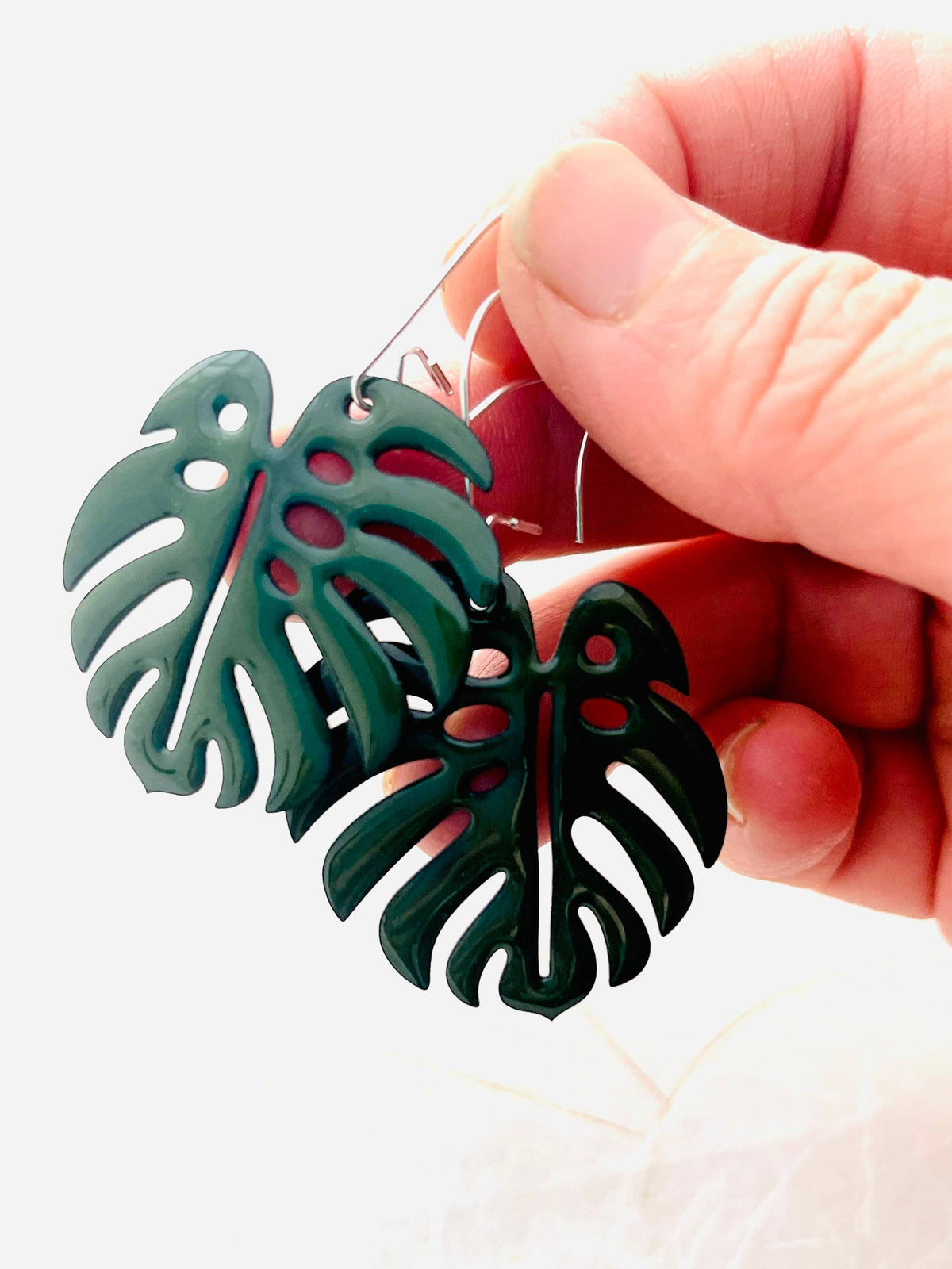 Handmade Monstera Leaf Enamel Earrings with Silver