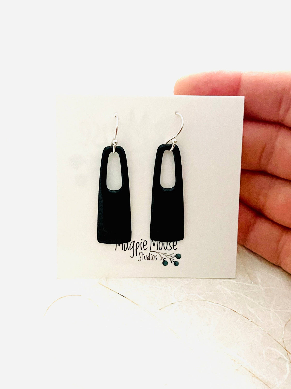 Handmade Black Enamel Rectangle Dangle Earrings