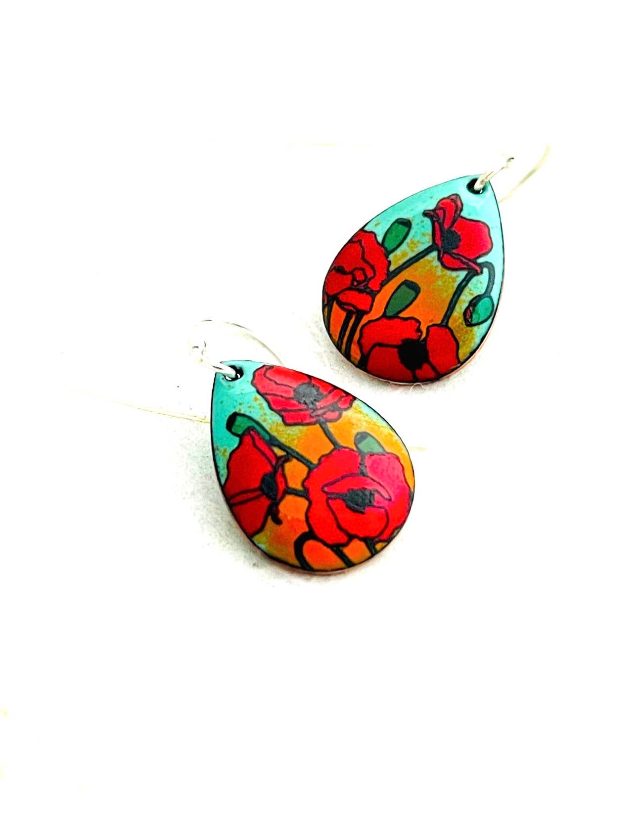 Mint Green and Orange Small Teardrop Poppy Earrings