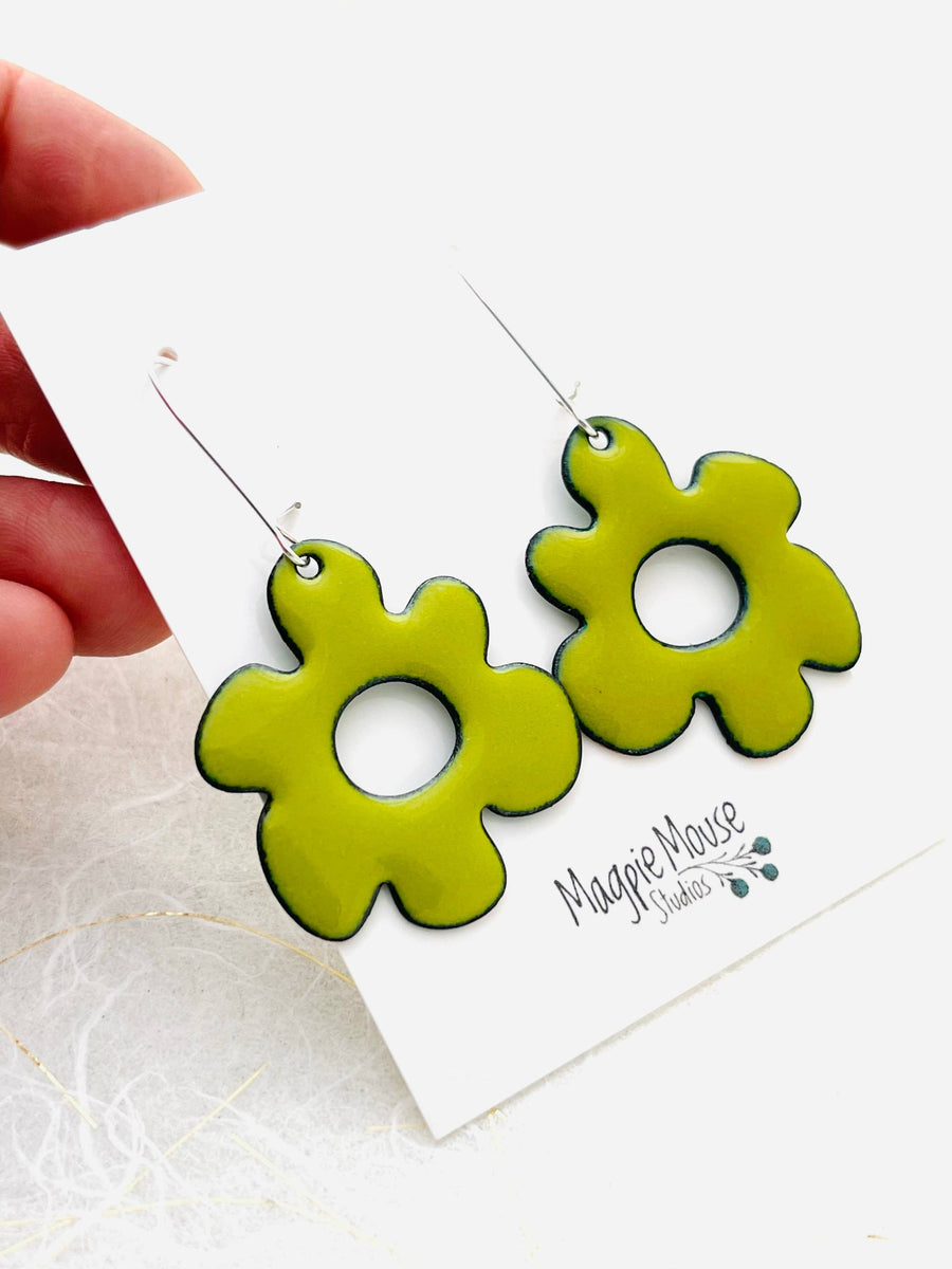 Chartreuse Green Retro Flower Earrings