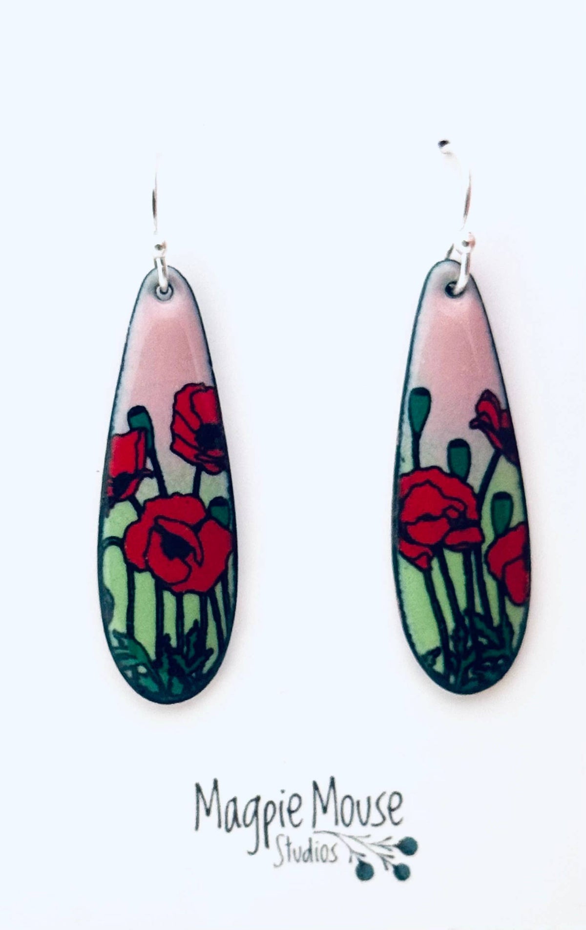 Long Teardrop Poppy Earrings, Pink and Green Enamel