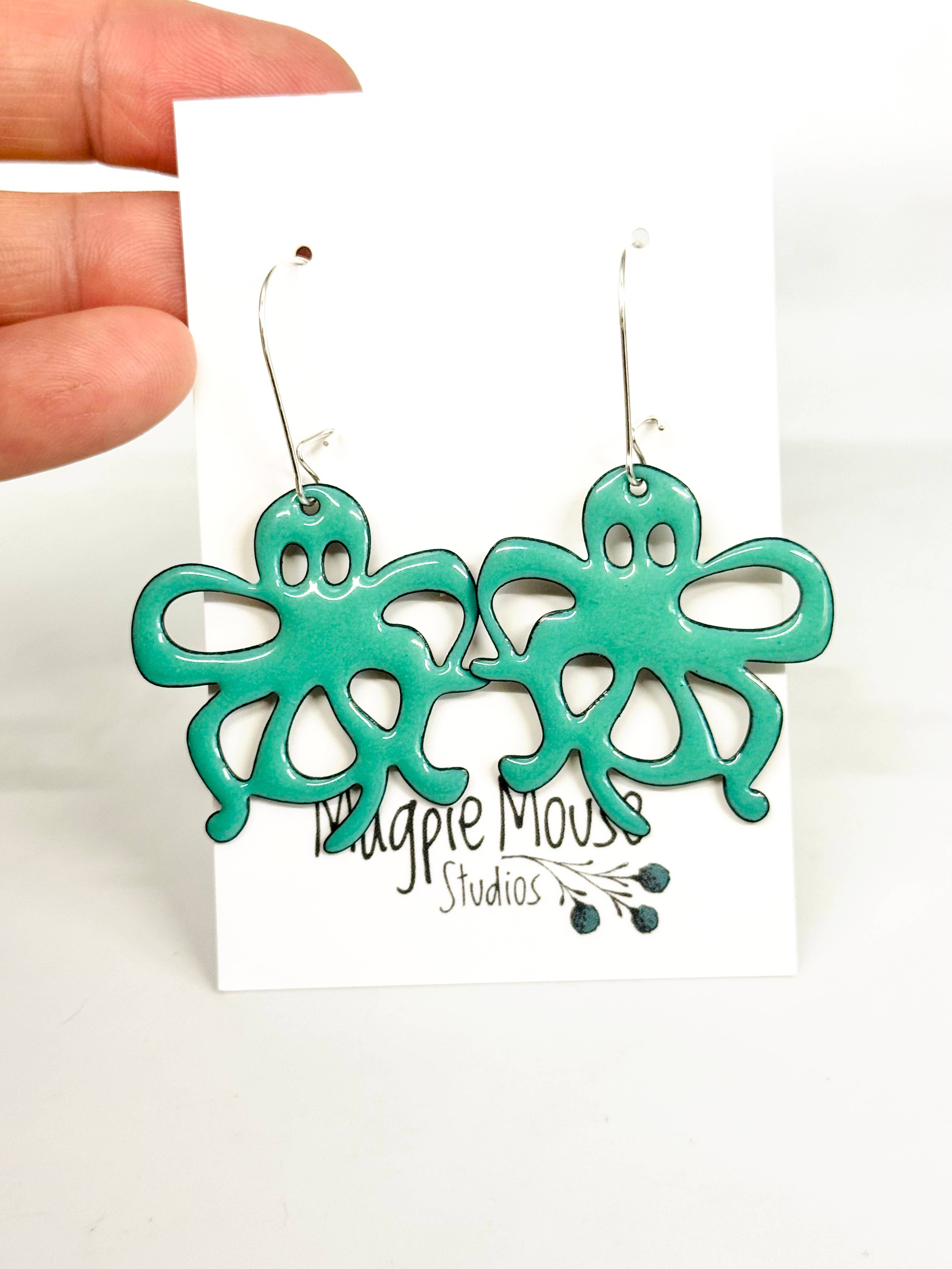 Octopus Earrings Large, Mint Green Enamel