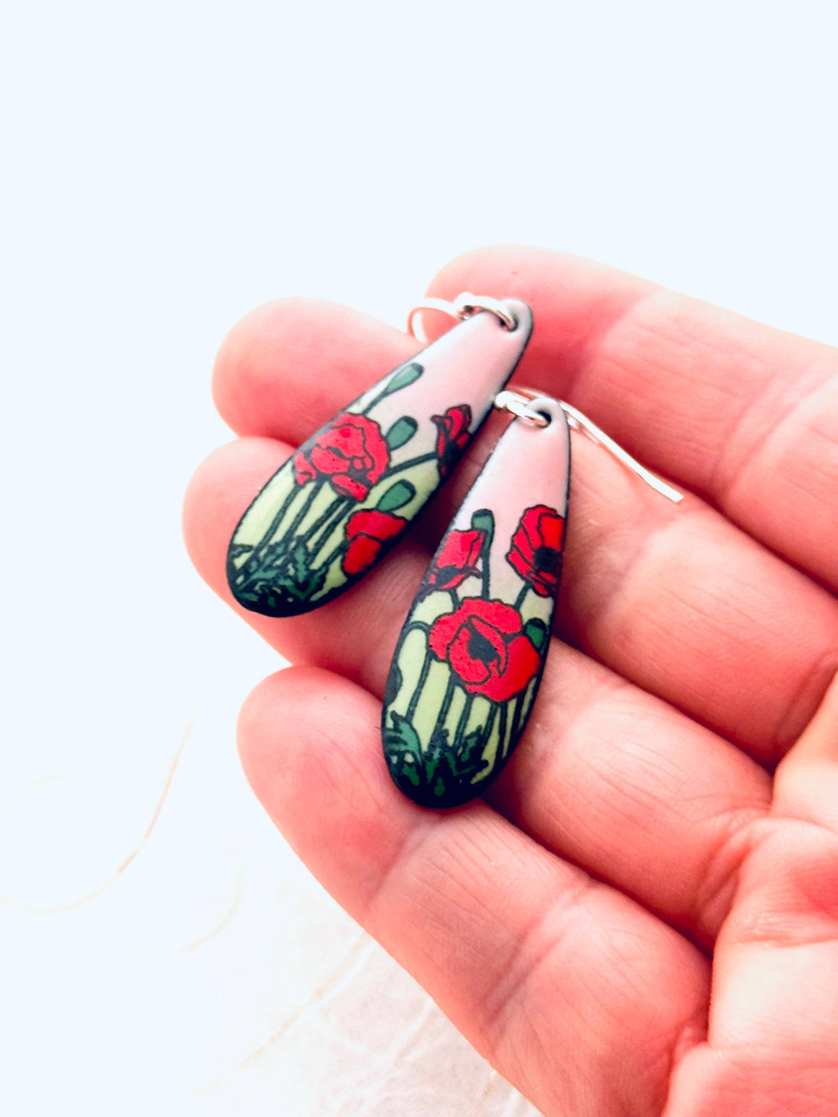 Long Teardrop Poppy Earrings, Pink and Green Enamel