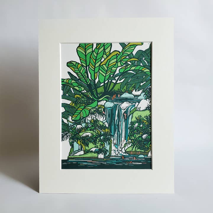 Tropical Waterfall Hawaiian Landscape Matted Art Print