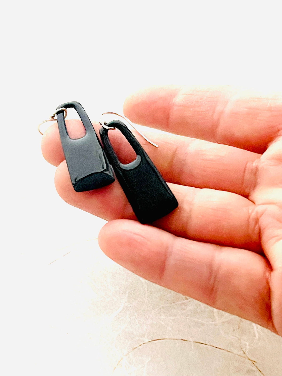 Handmade Black Enamel Rectangle Dangle Earrings