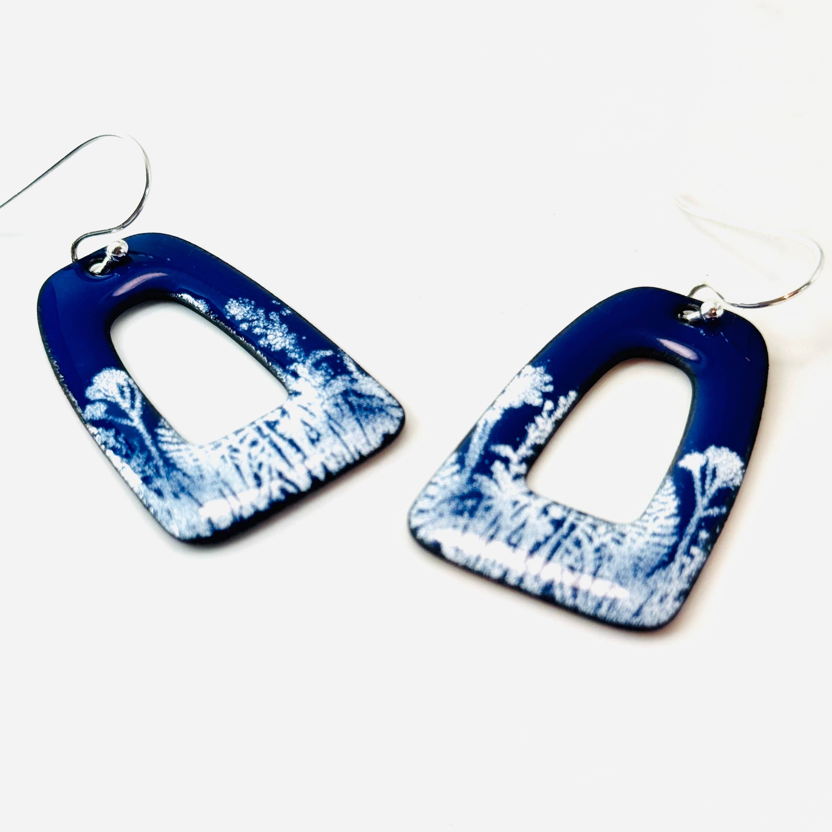 Retro Rectangle Earrings, Botanical Blue and White Enamel