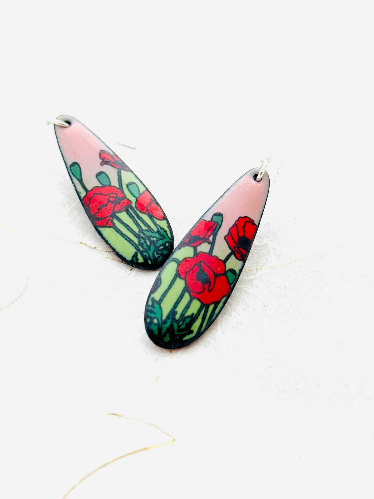 Long Teardrop Poppy Earrings, Pink and Green Enamel