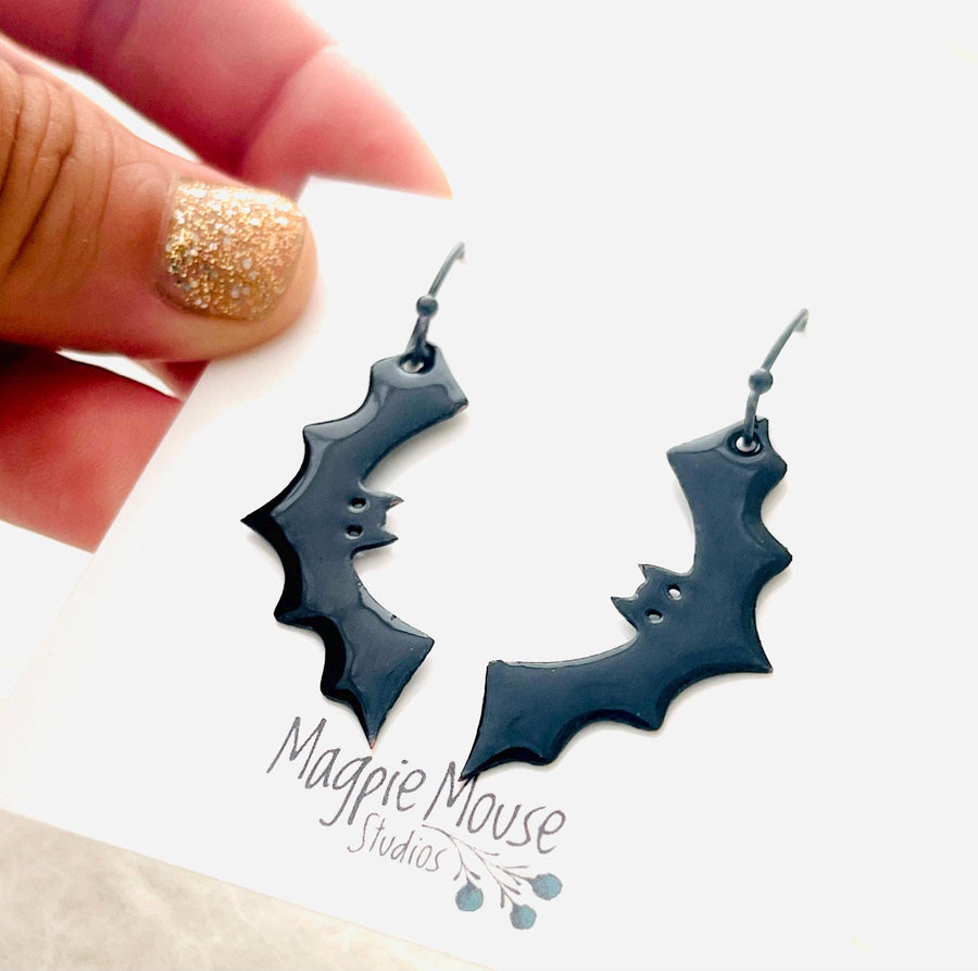 Black Bat Enamel Earrings with Sterling Silver Ear