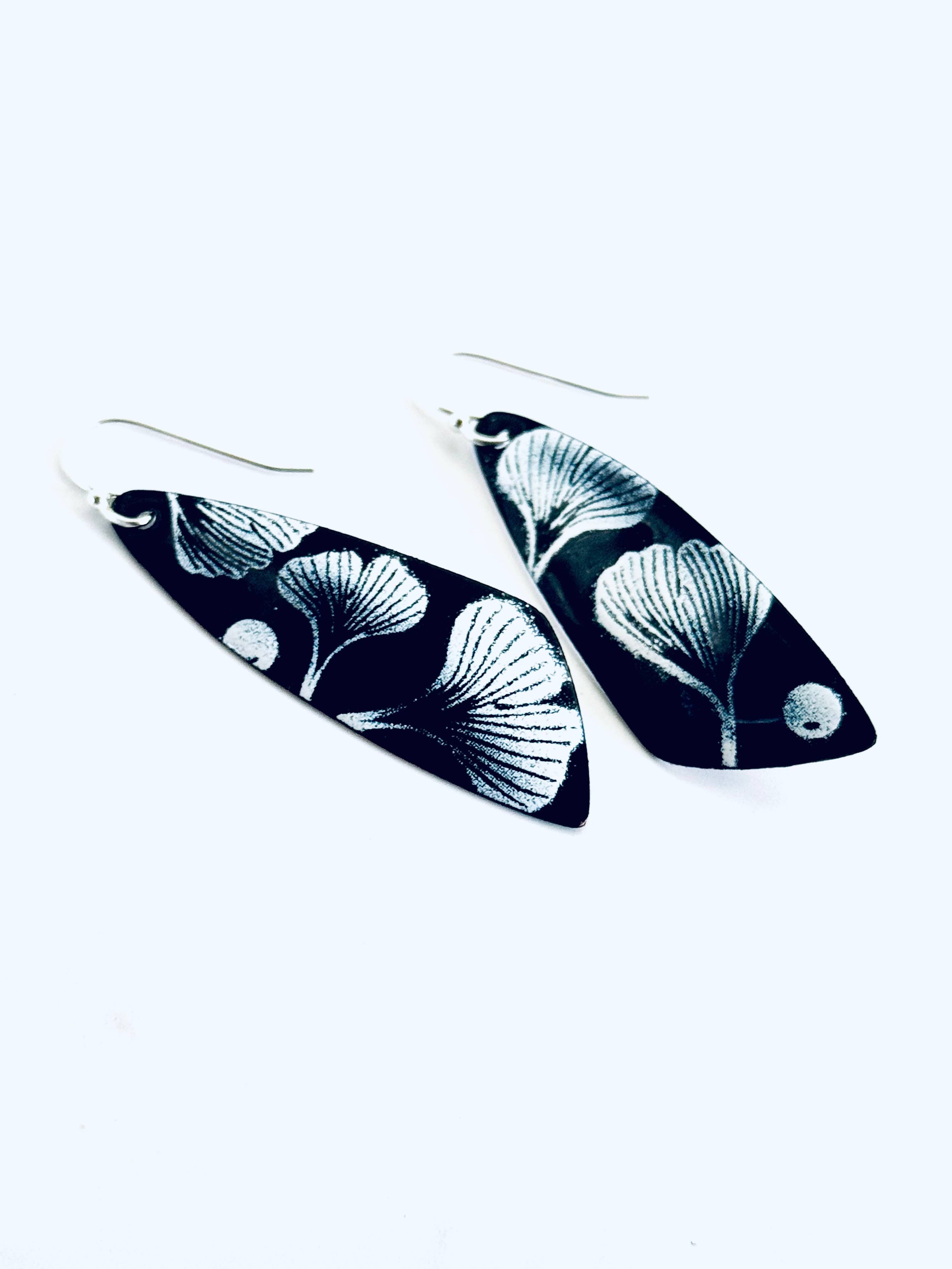 Black and White Ginkgo Leaf Earrings