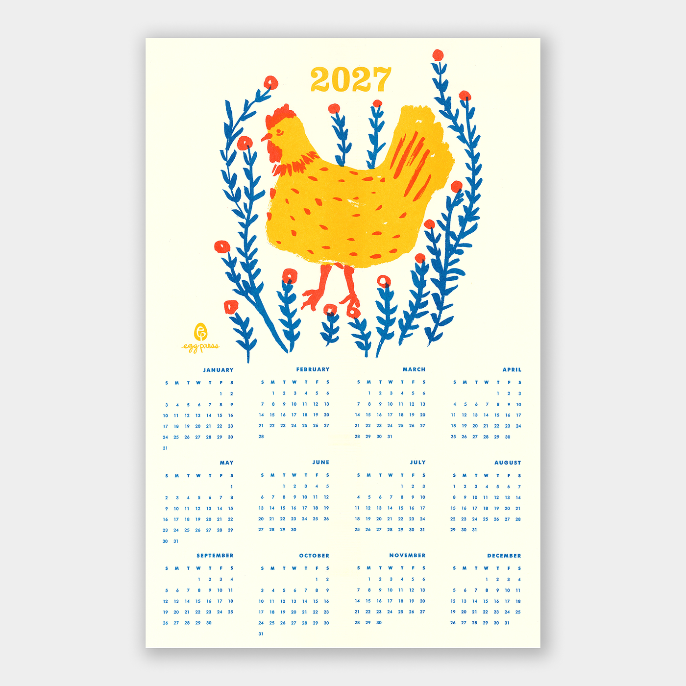 Chicken 2027 Calendar Illustrated Risograph Print