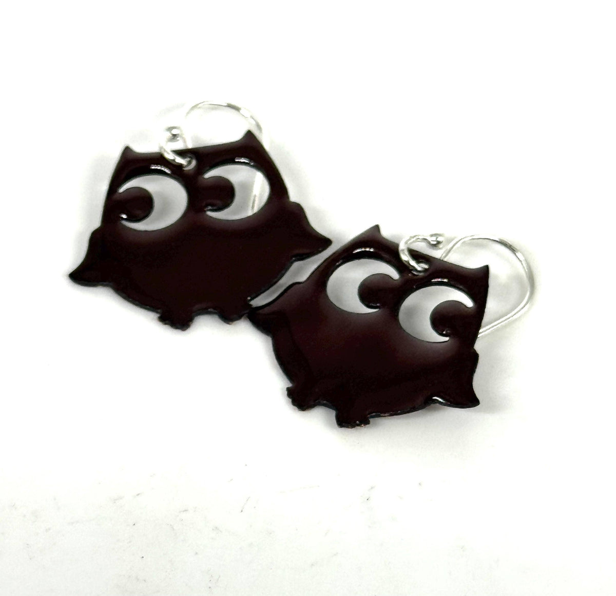 Mocha Brown Enamel Owl Earrings, Sterling Silver E
