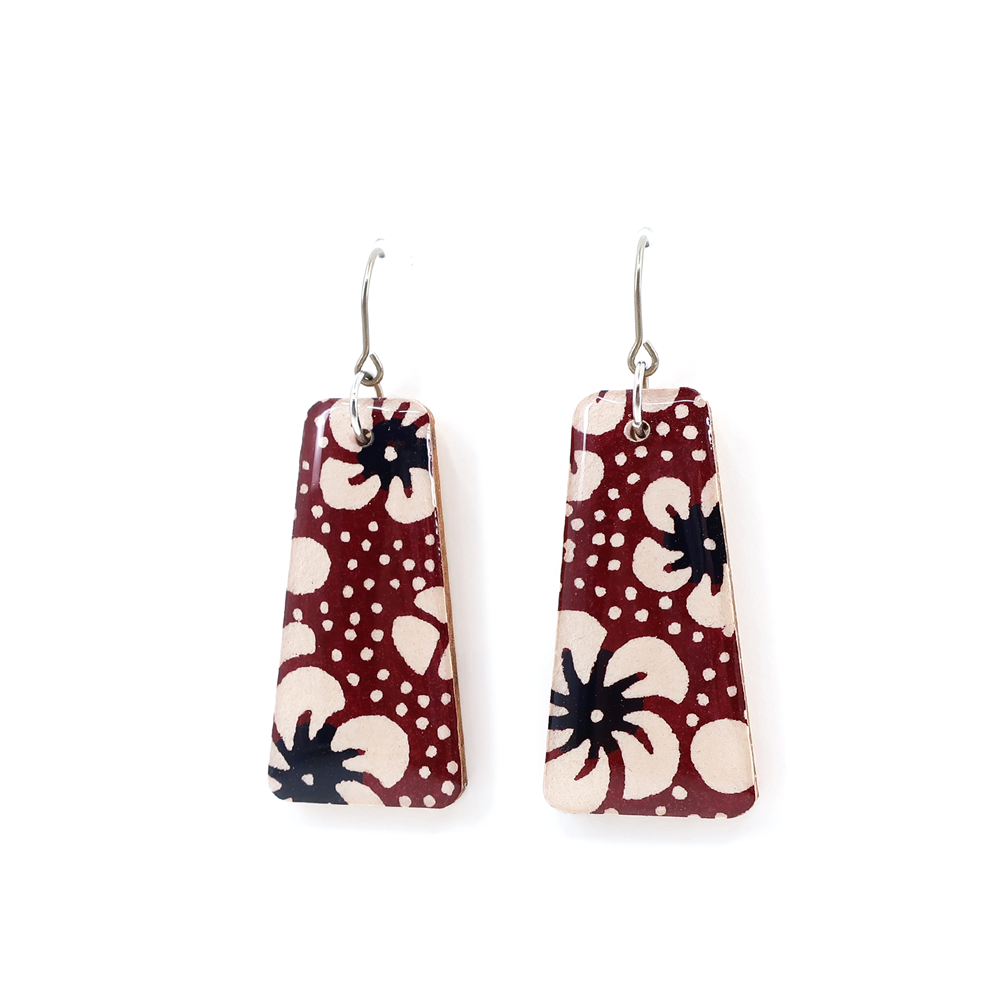Brown and White Retro Floral Japanese Paper Earrings