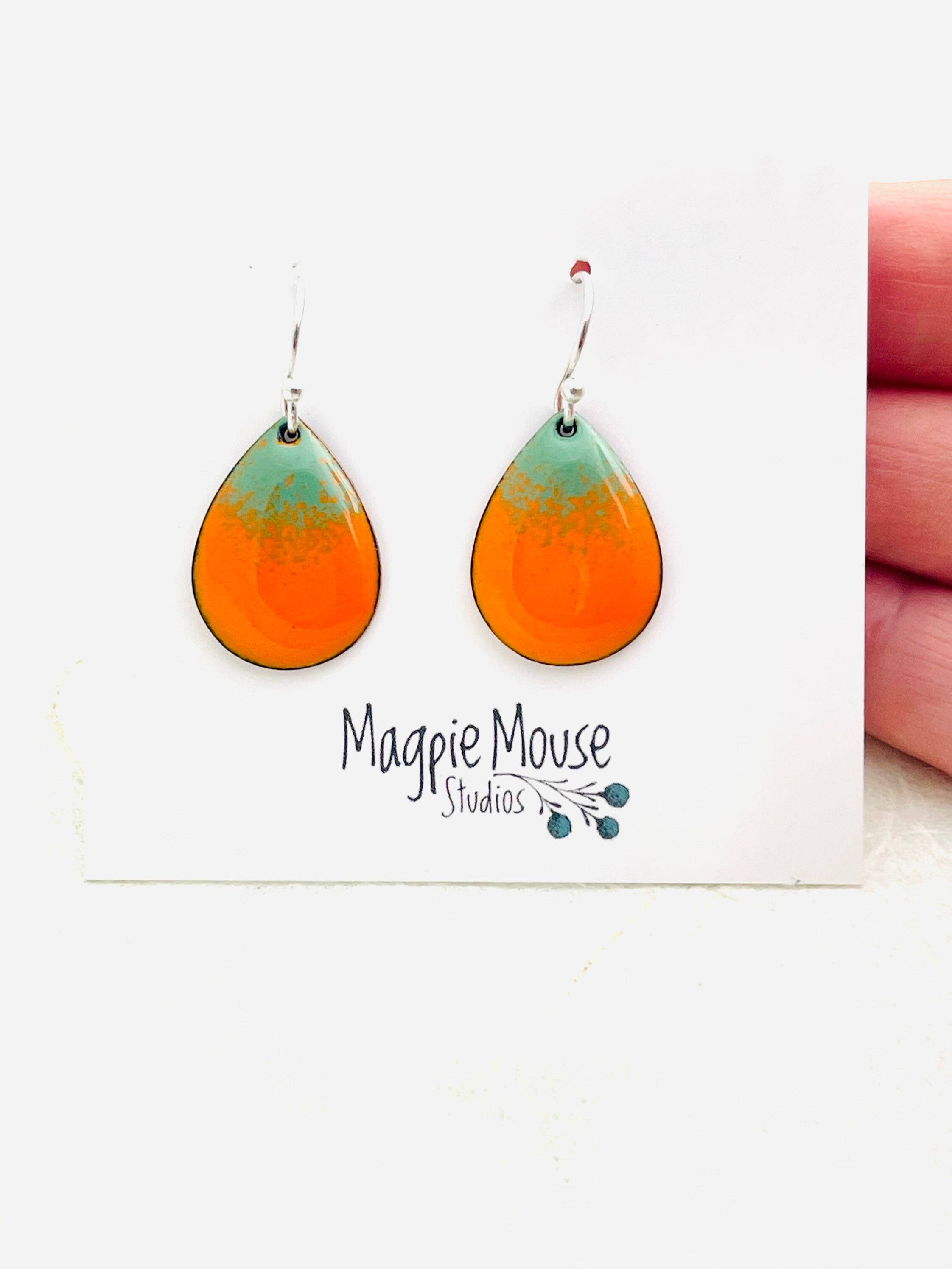 Small Teardrop Pumpkin Earrings, Pumpkin Orange Enamel