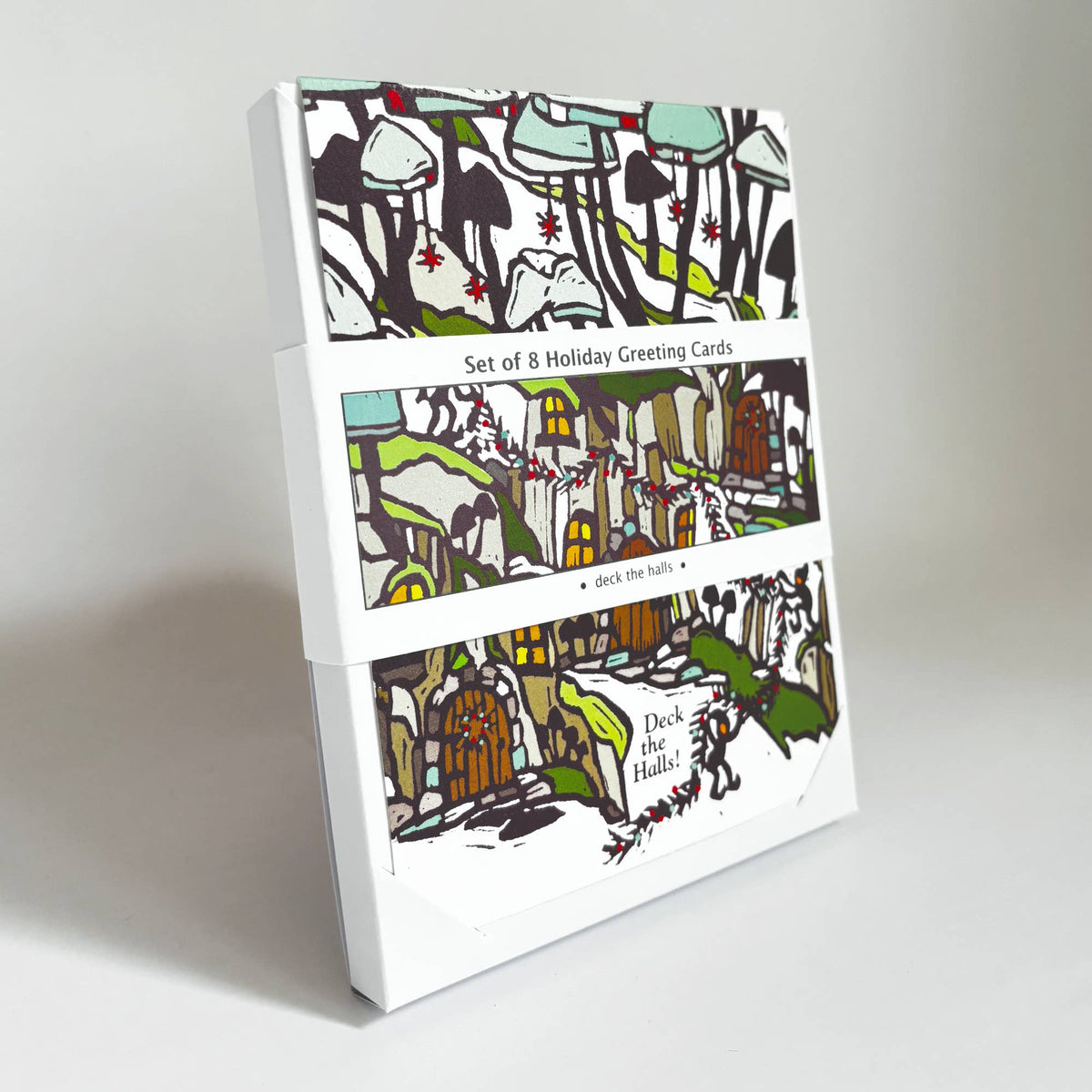 Set of 8 Deck the Halls Mushroom Holiday Greeting Cards