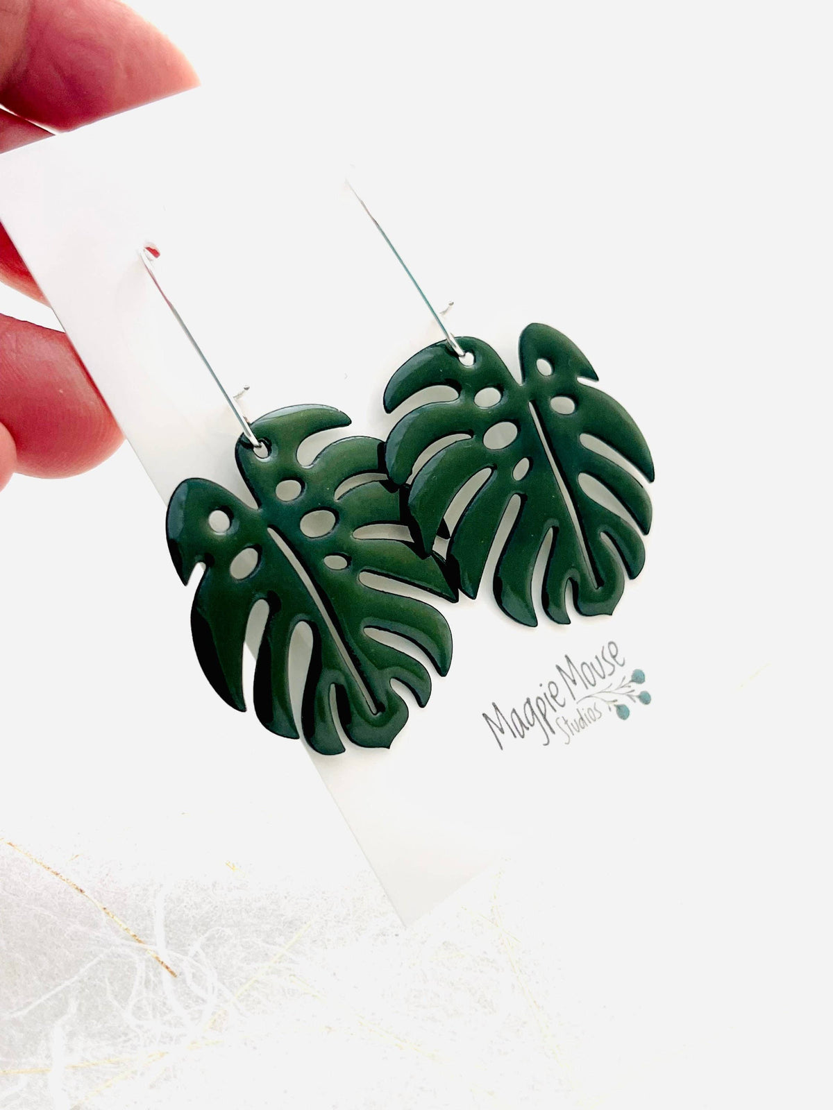 Handmade Monstera Leaf Enamel Earrings with Silver