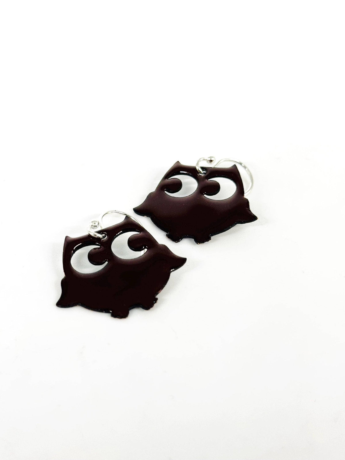 Mocha Brown Enamel Owl Earrings, Sterling Silver E