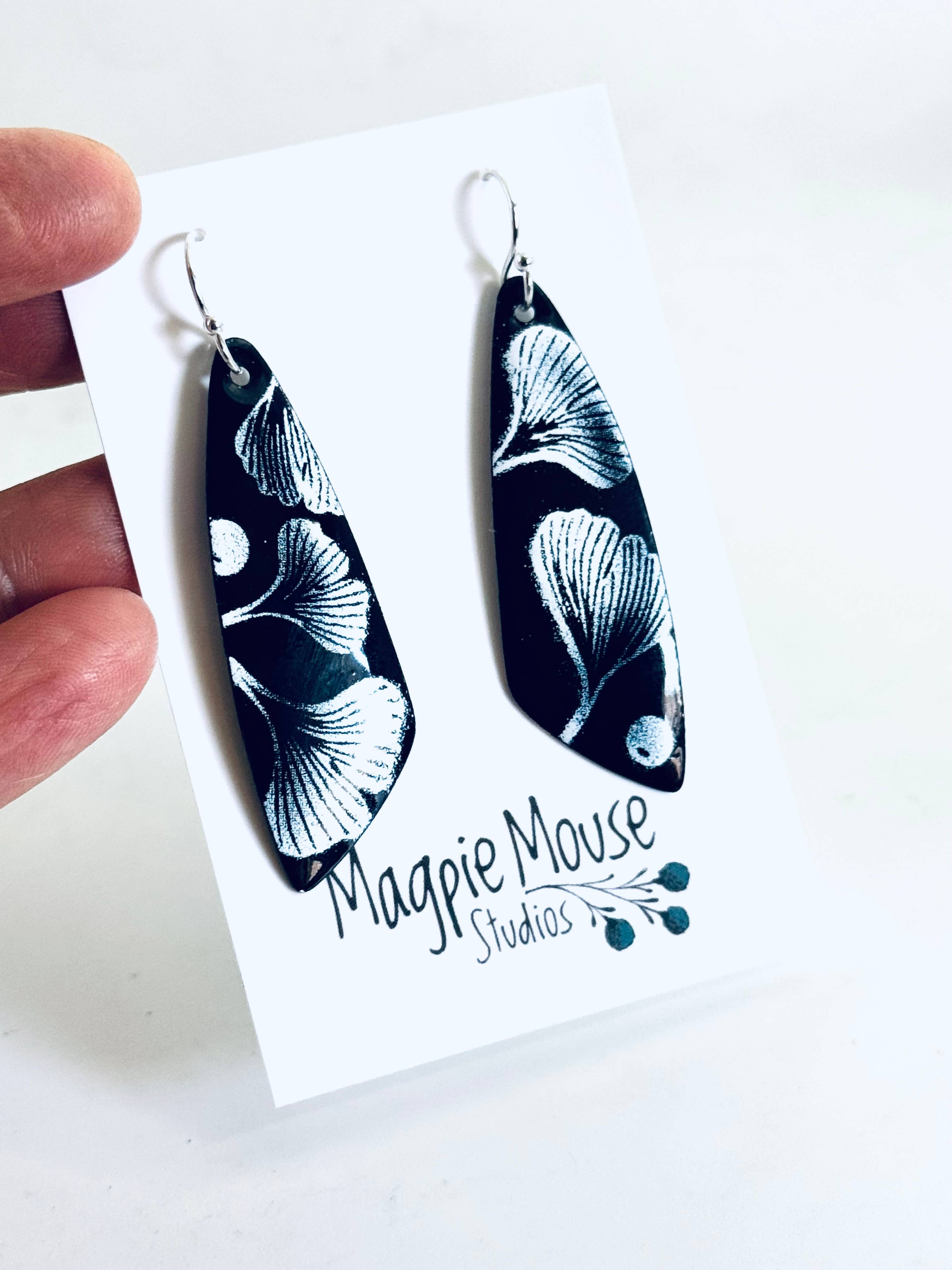 Black and White Ginkgo Leaf Earrings
