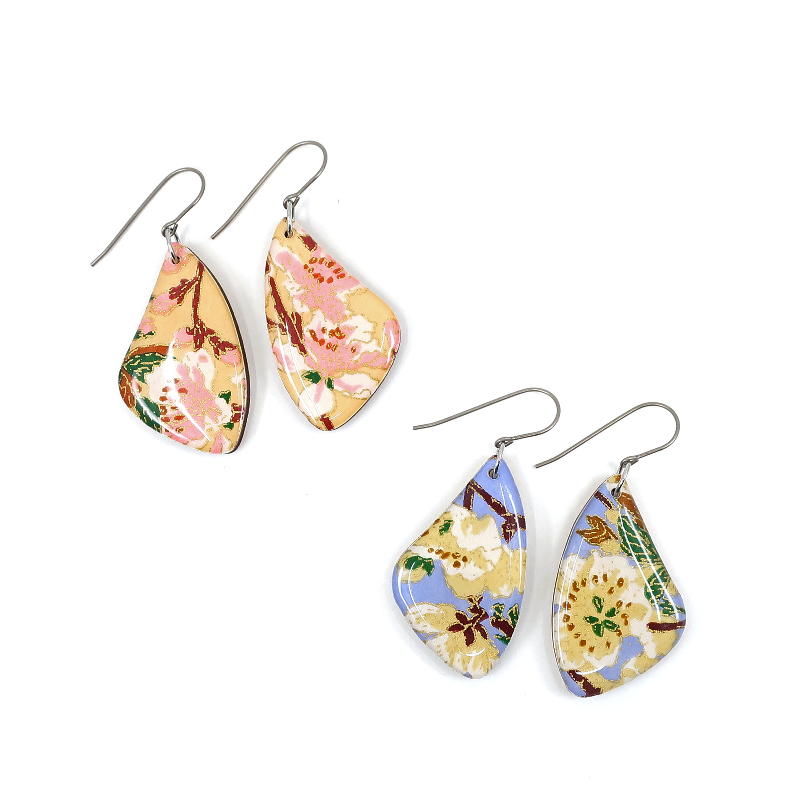Red Pink Floral Chiyogami Titanium Earrings