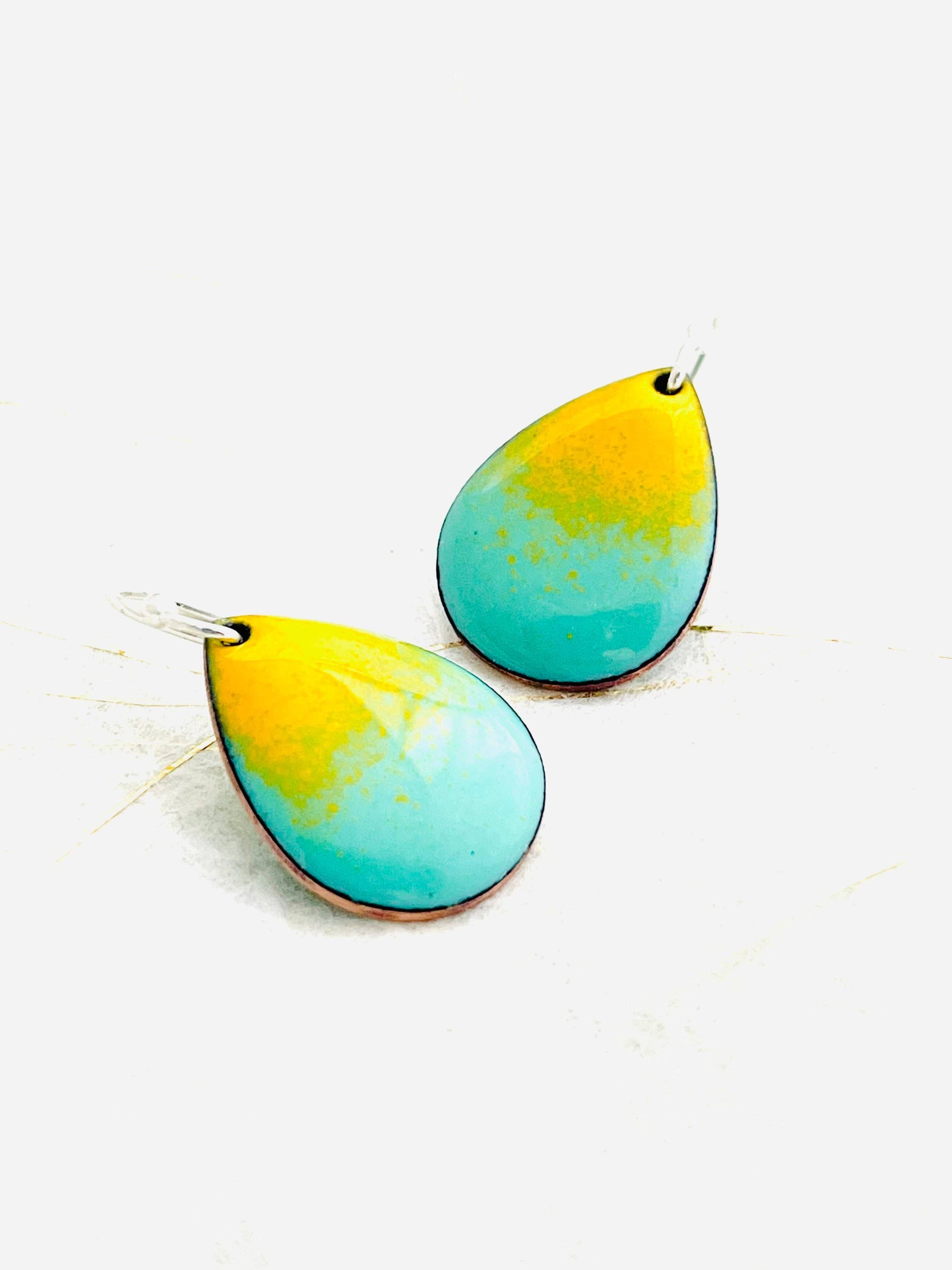 Mint Green & Yellow Small Enamel Teardrop Earrings