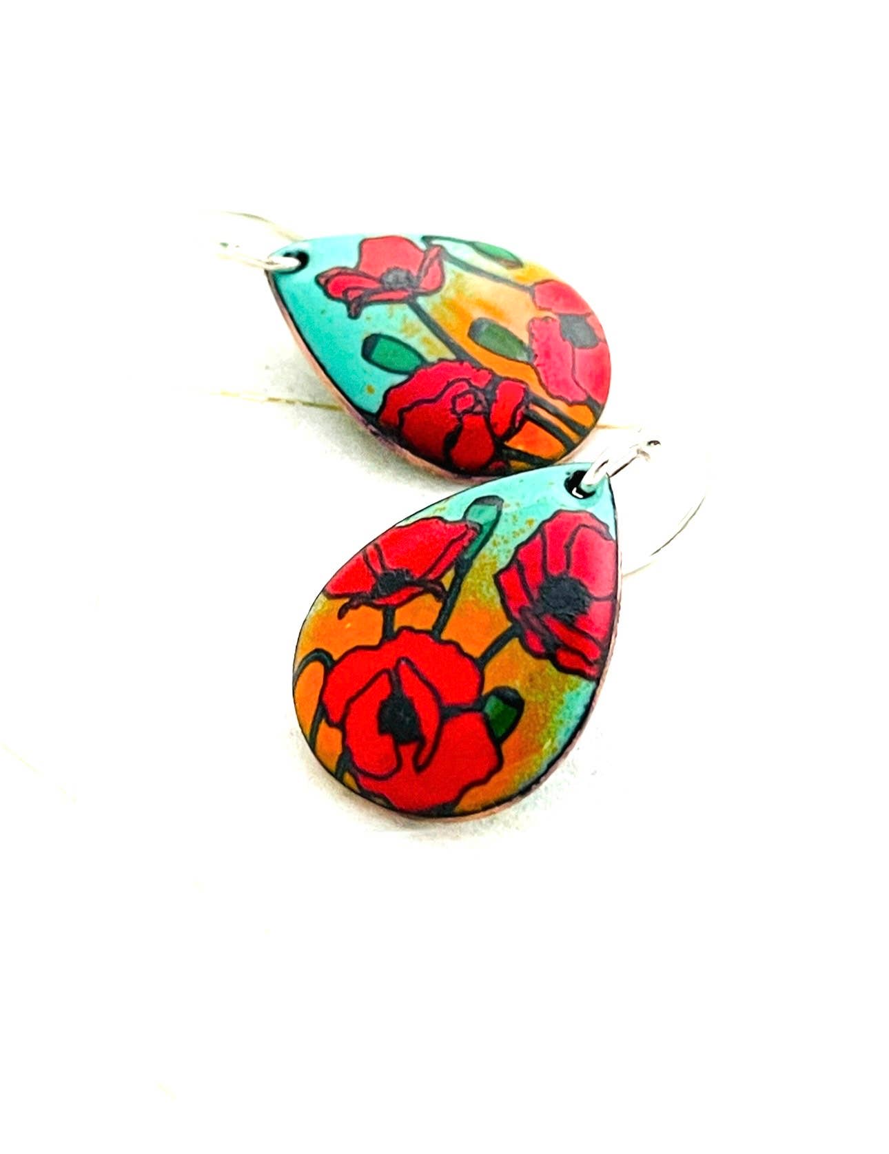 Mint Green and Orange Small Teardrop Poppy Earrings