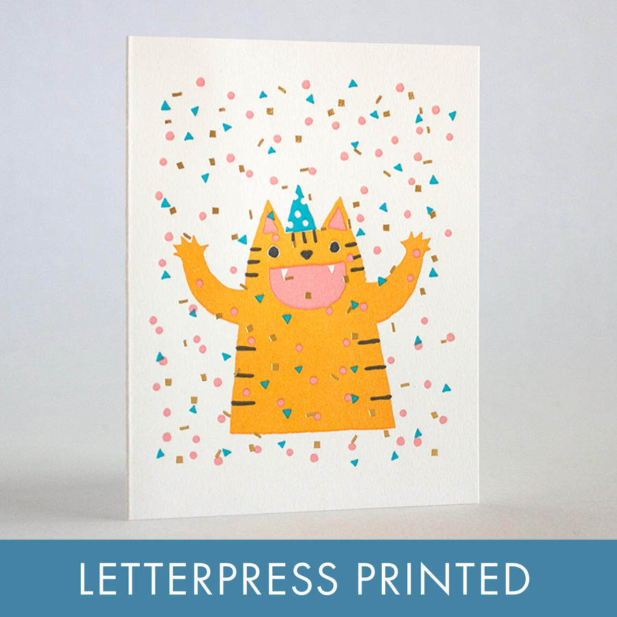 Confetti Cat Party Letterpress Greeting Card by Fugu Fugu