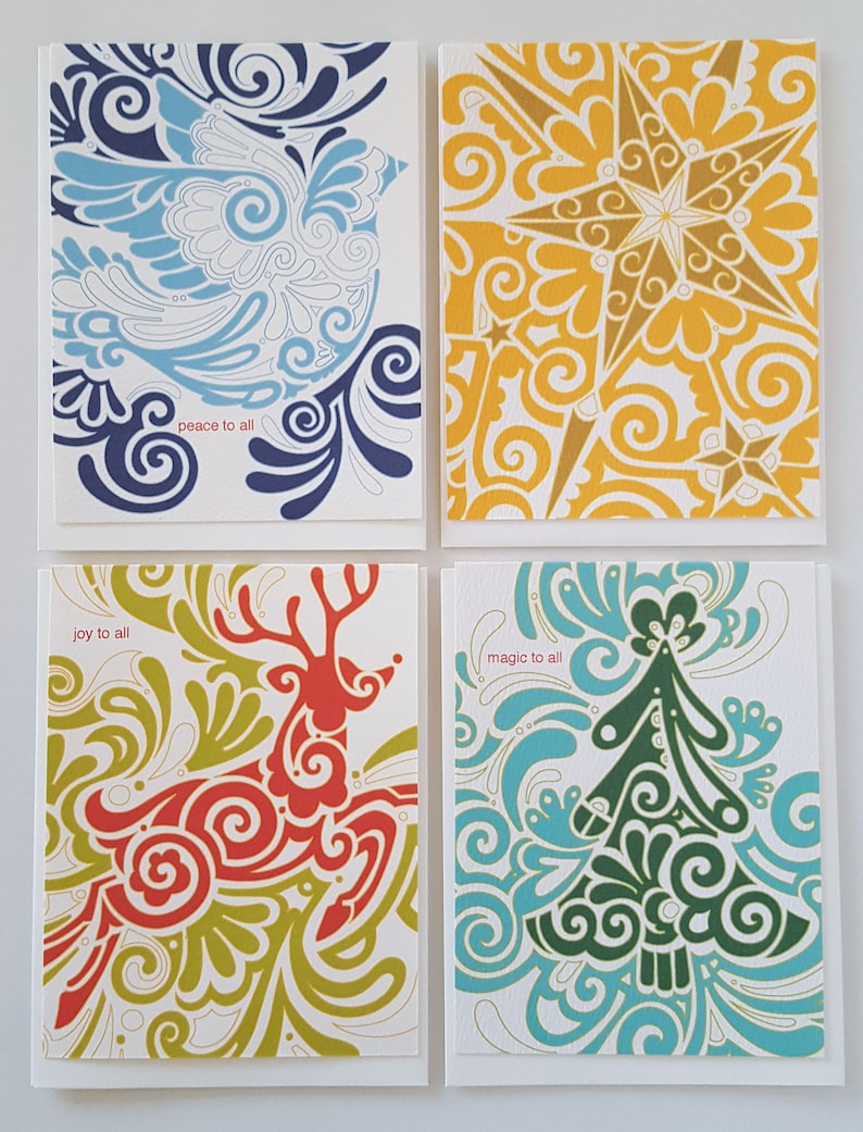Folk Art Swirl Christmas Greeting Card Set of 8