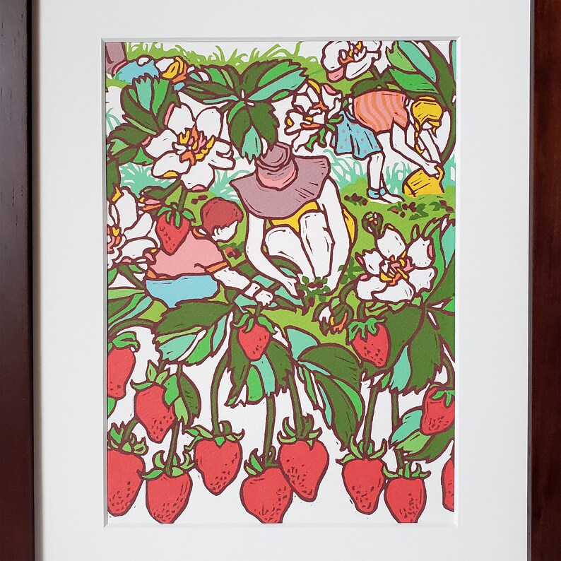 Strawberry Fields Matted Art Print, Block Print Artwork