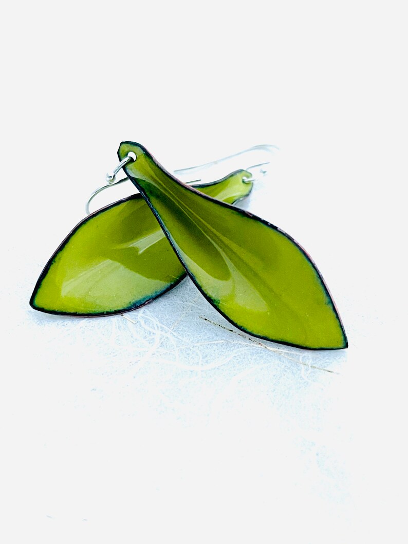 Small Leaf Earrings, Chartreuse Green Enamel