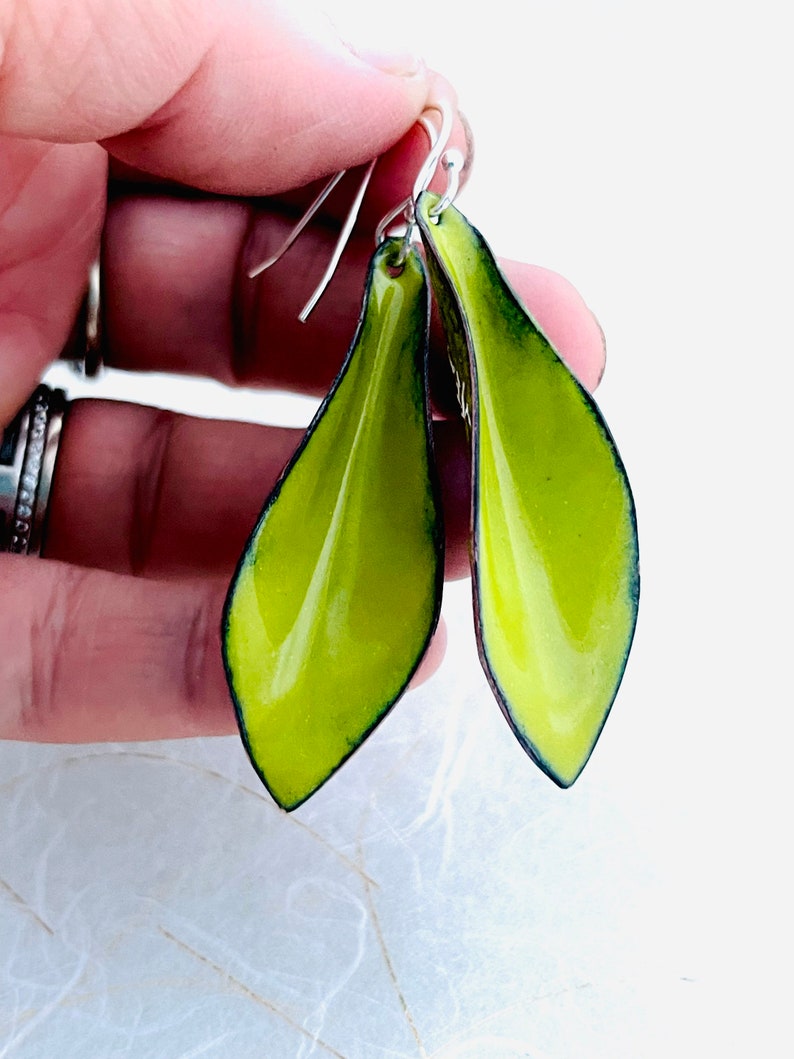 Small Leaf Earrings, Chartreuse Green Enamel