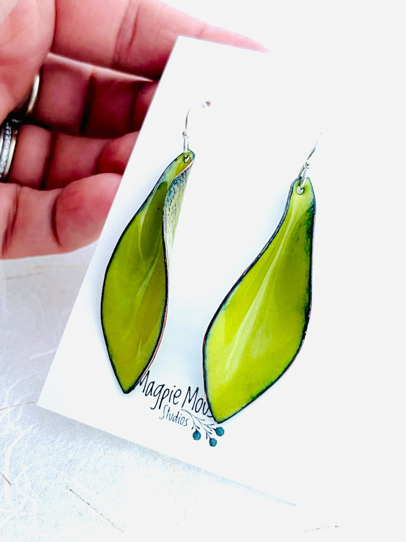Small Leaf Earrings, Chartreuse Green Enamel