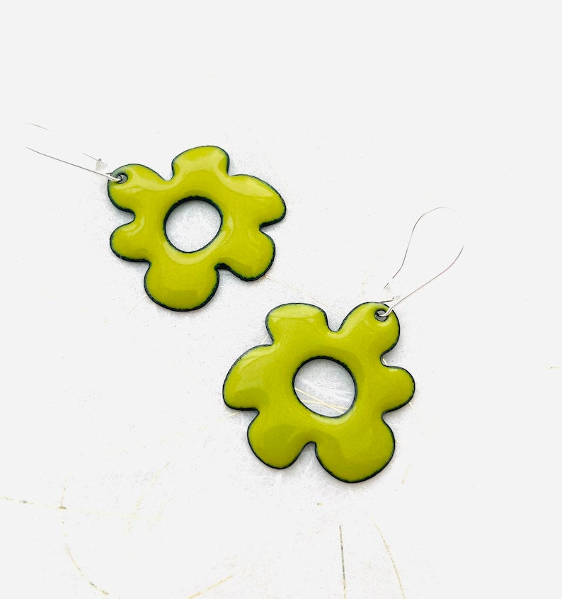 Chartreuse Green Retro Flower Earrings