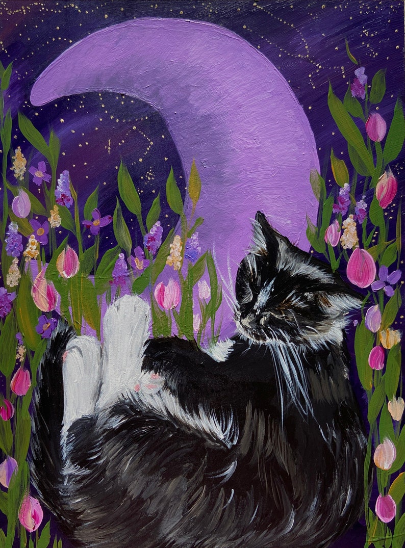 Tuxedo Cat and the Moon | Small Giclee Print