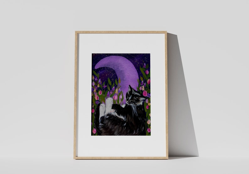 Tuxedo Cat and the Moon | Small Giclee Print