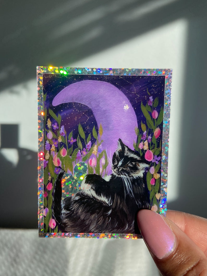 Tuxedo Cat and the Moon Vinyl Sticker