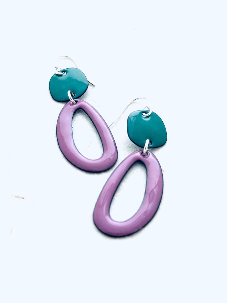 Long Oval Earrings, Orchid and Spruce Green Enamel