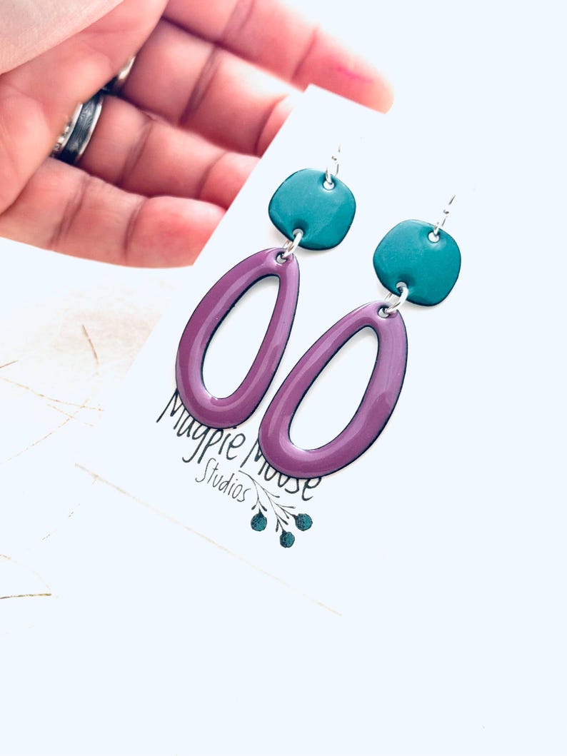 Long Oval Earrings, Orchid and Spruce Green Enamel